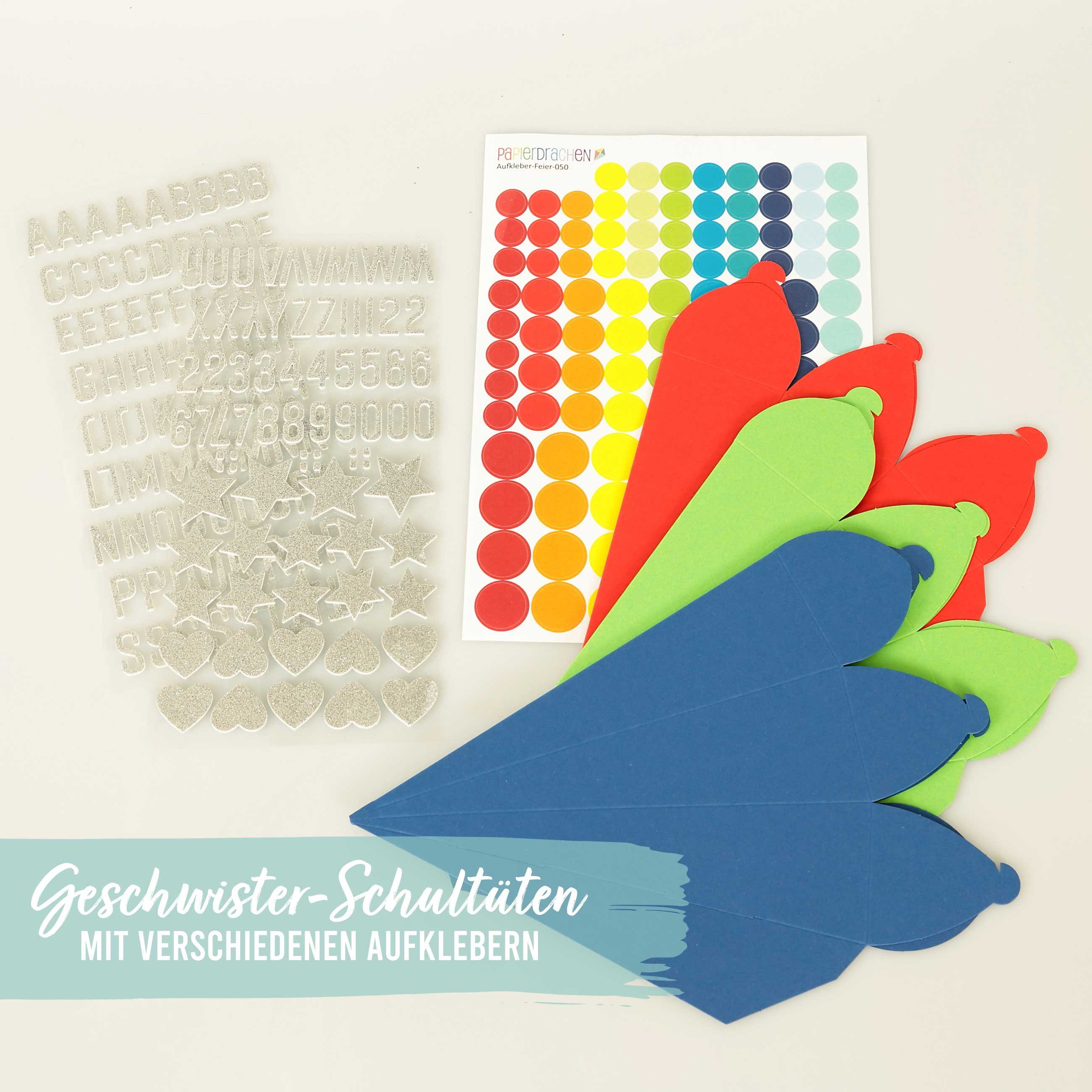 PAPIERDRACHEN Schultüte 3 Schultüten - auch als Geschwistertüten - verschiedene Designs, Schulanfang