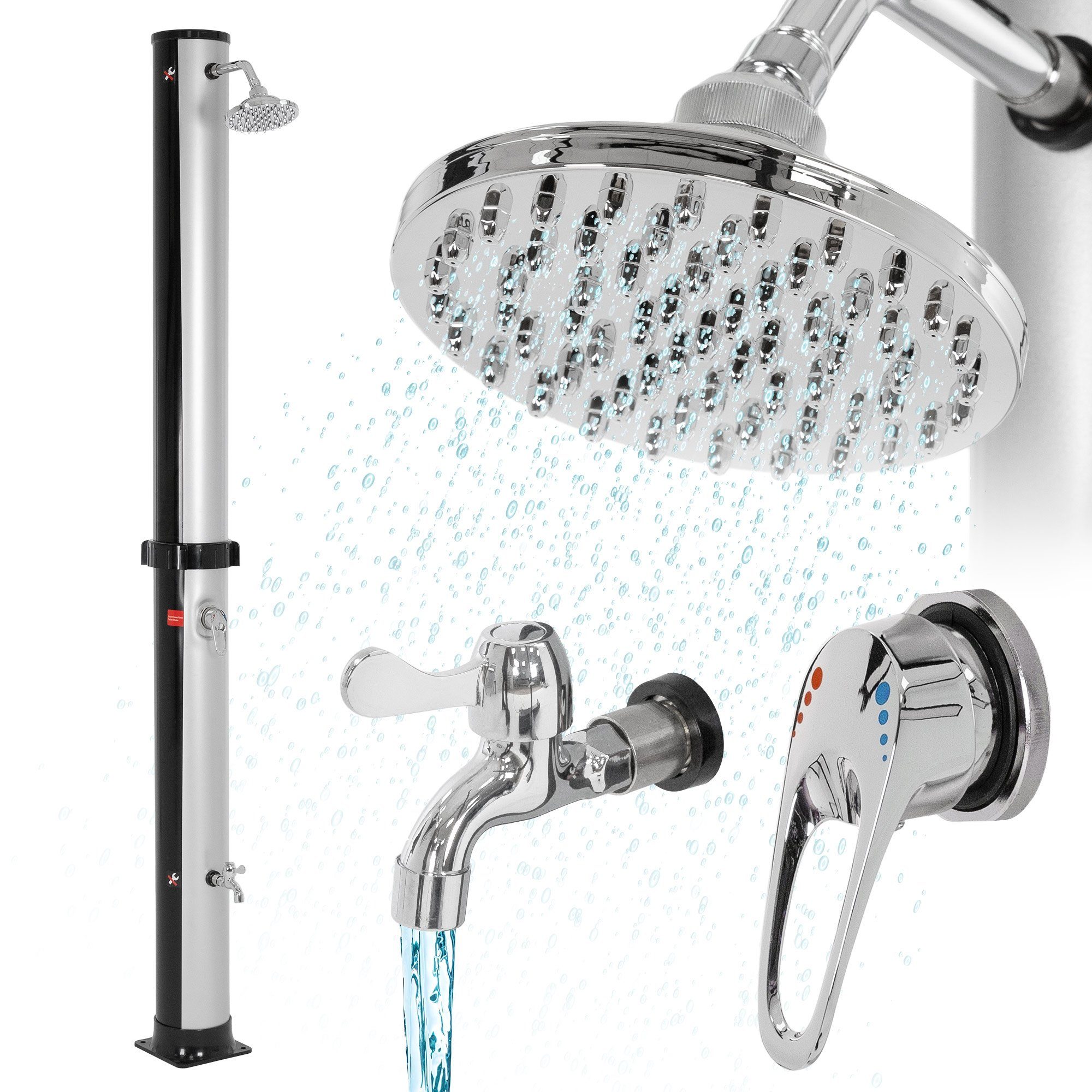 ML-DESIGN Solardusche Gartendusche Außendusche Pooldusche Regendusche bis 60°C ohne Strom (1 St), 35L rund Silber mit Fußdusche & Regenduschkopf warmes Wasser 217,5cm