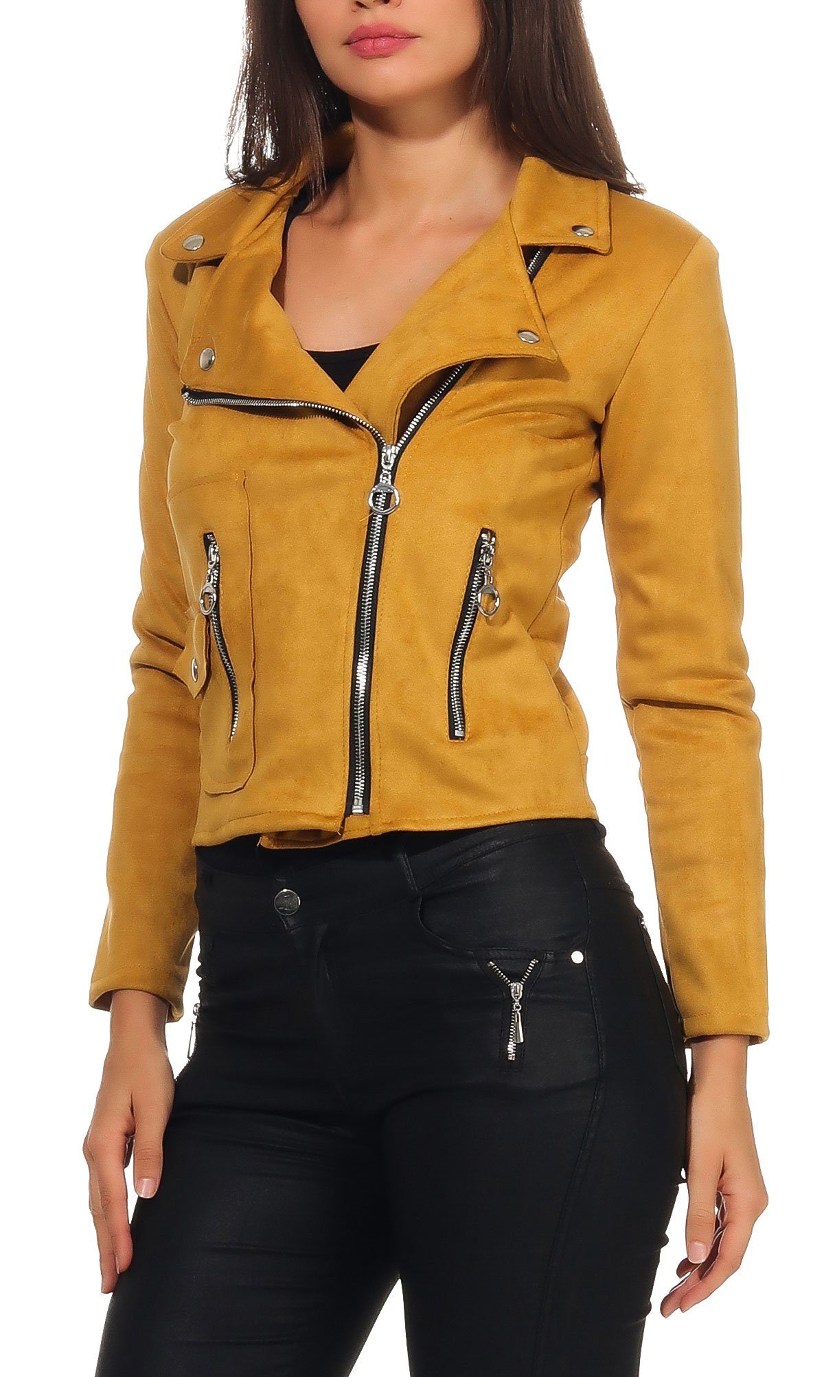 malito more than fashion Lederimitatjacke malito Damen Jacke, Velours Jacke, Biker Jacke mit Reißverschluss, Bikerjacke Slim Fit mit Reversekragen