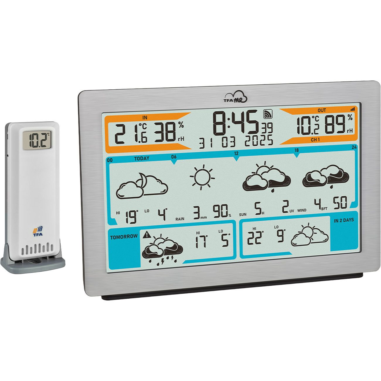TFA Dostmann WLAN Funk-Wetterstation, wetter.com-Prognose, TFA.me, 100m, Silber Funkwetterstation (Digital-Thermometer, Hygrometer, Warnung, Metall-Optik)