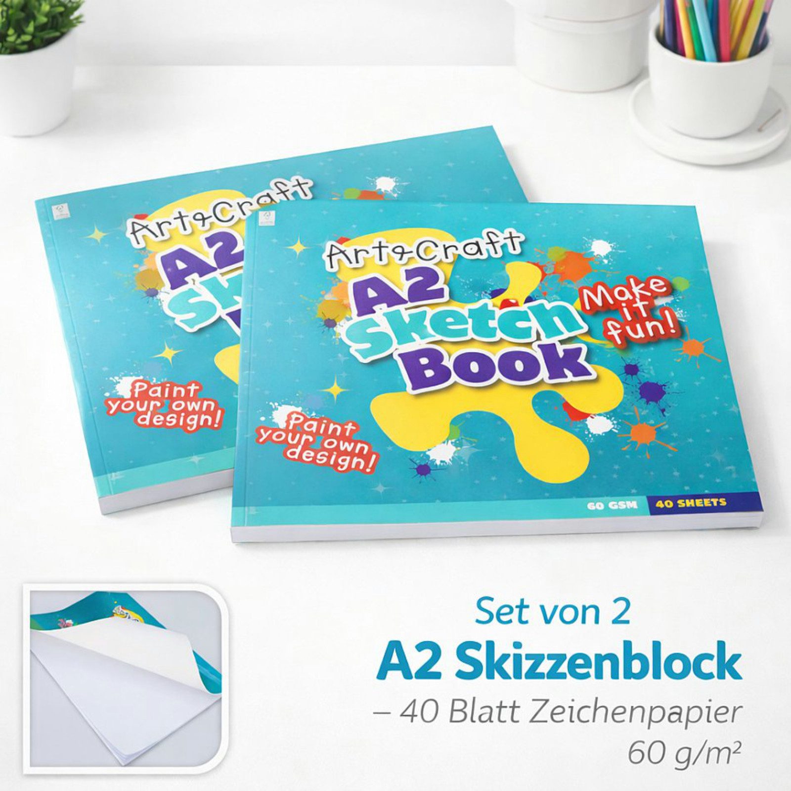 Koopman Skizzenblock Skizzierblock Zeichenblock Zeichenpapier A2 40 Blatt 2er Set, Blanko Papier, Sketchbook, A2 Format, Malen, Zeichnen