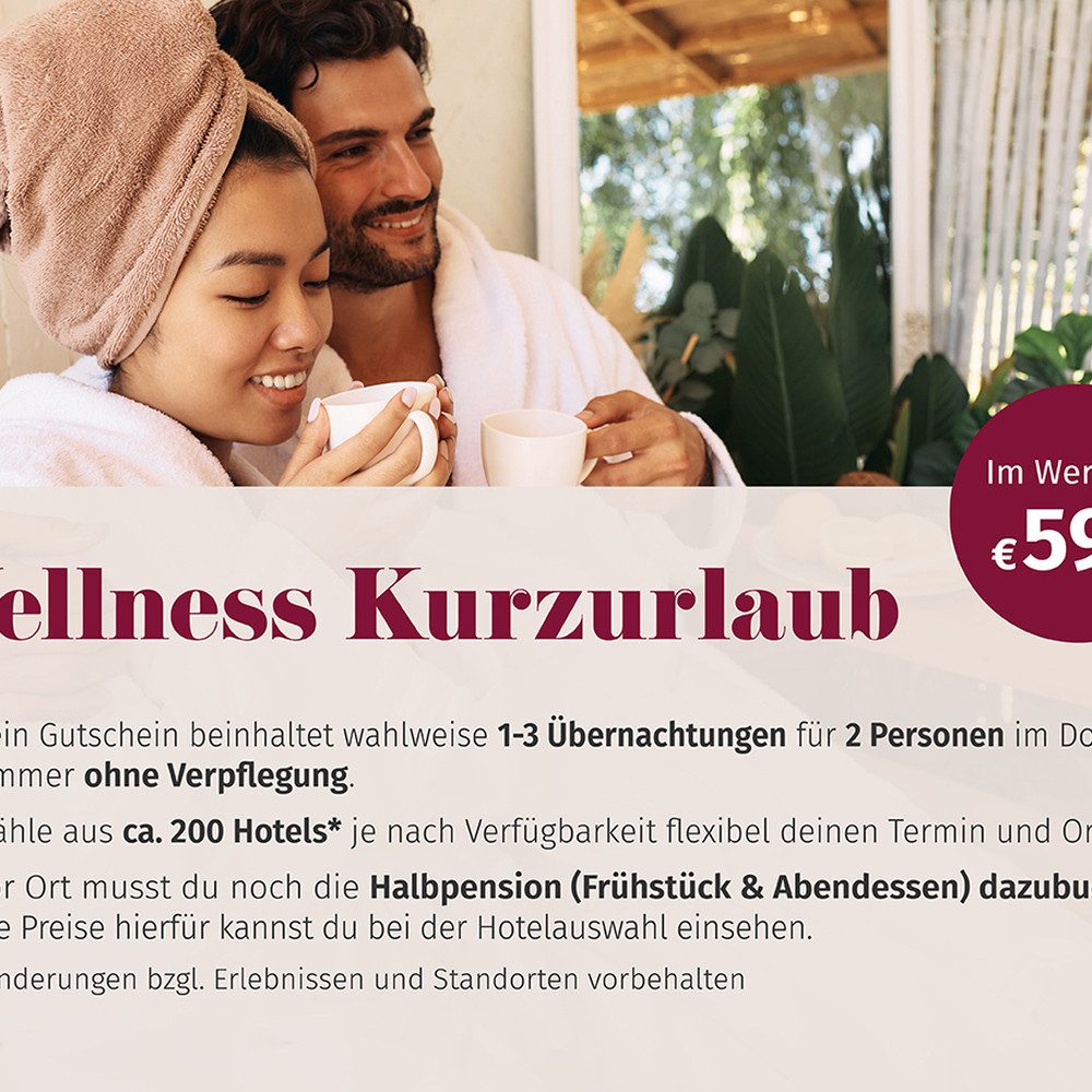 mydays Erlebnisgutschein Wellness Kurzurlaub für 2 (3 Nächte), Goennt Euch eine Wellnesspause