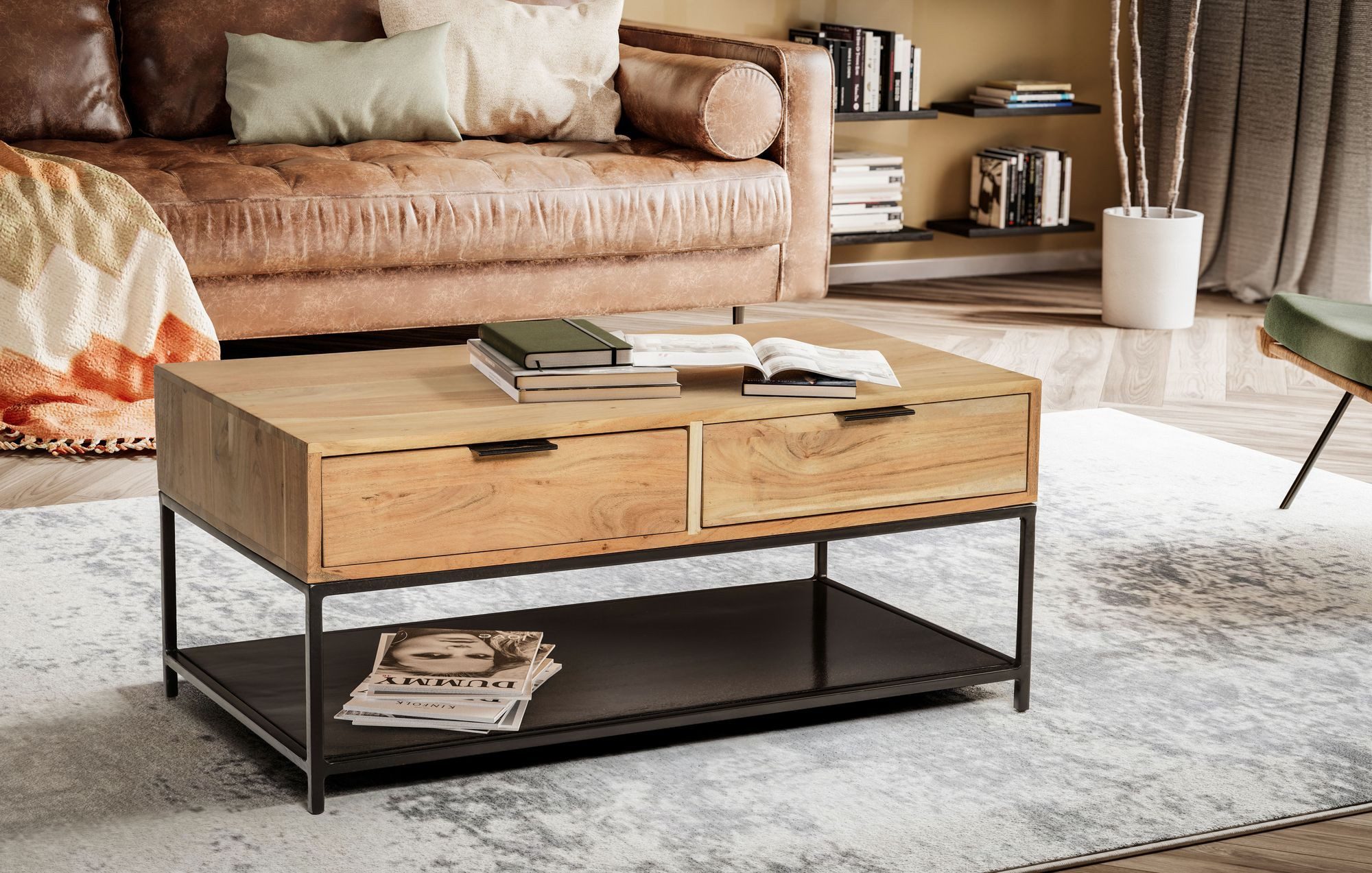 FINEBUY Couchtisch FB105409 Sofatisch 90 cm Massivholz Schubladen Wohnzimme günstig online kaufen