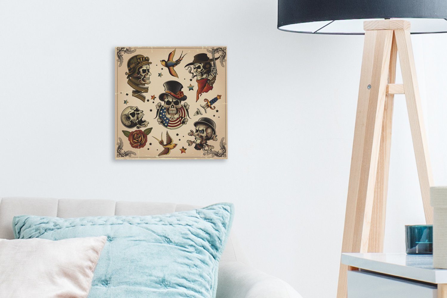 Leinwandbild Wohnzimmer der Bilder Leinwand Illustration Totenkopf-Tätowierungen, OneMillionCanvasses® für (1 Eine St), Schlafzimmer klassischen