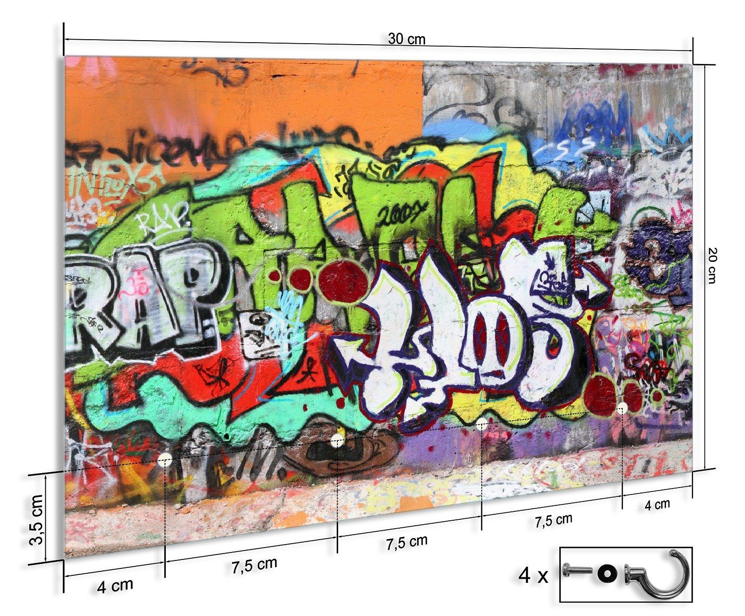 Wallario Schlüsselbrett RAP-Graffiti- Wand mit verschiedenen Tags, (inkl.  Aufhängeset), 30x20cm, aus ESG-Sicherheitsglas