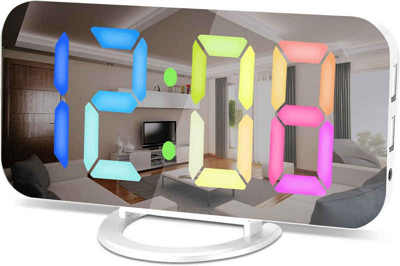 Jioson Wecker Wecker Spiegelwecker, 7-farbiger RGB-LED-Wecker Tischuhr Digitale Uhr Digitale Uhr, passt die Helligkeit automatisch