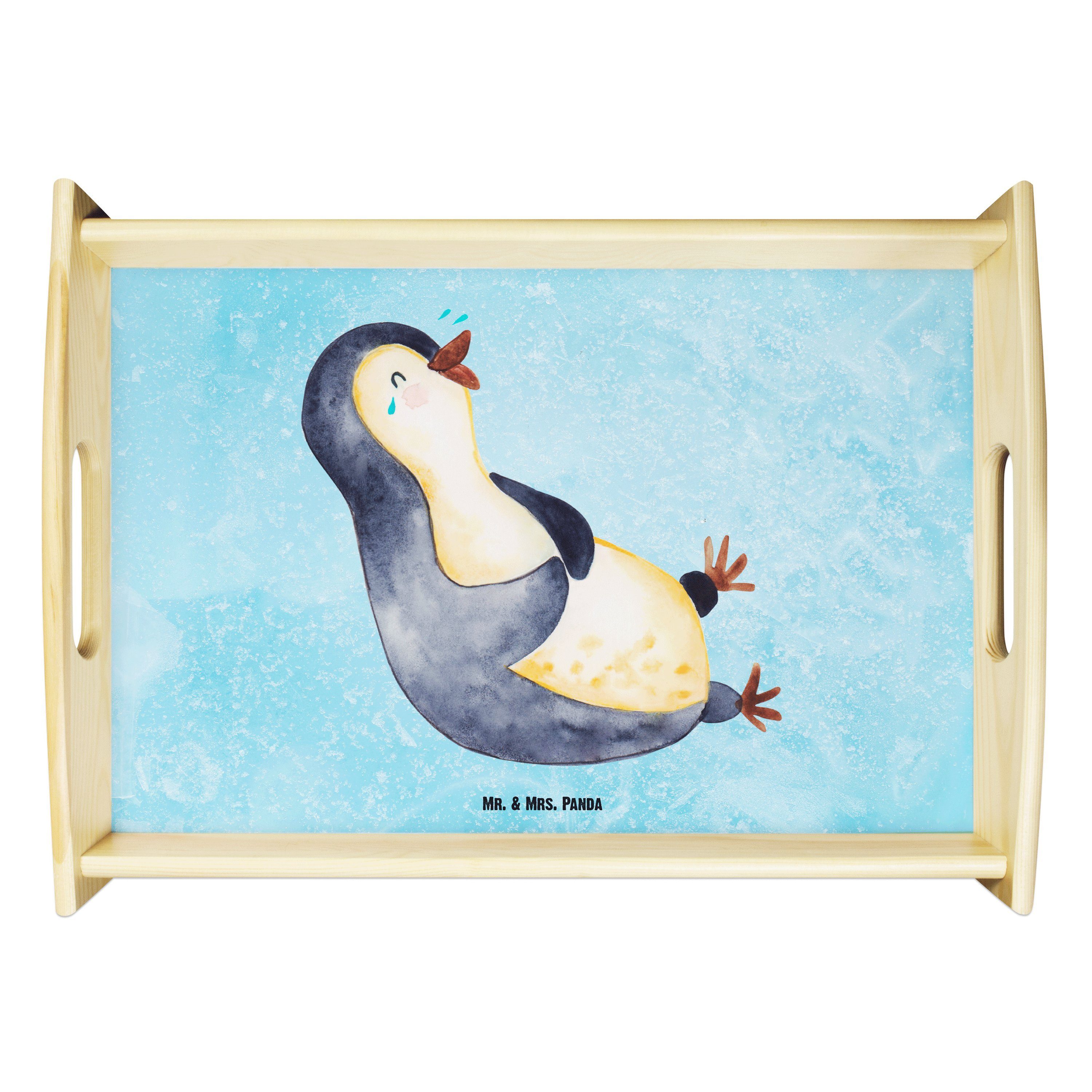 Mr. & Mrs. Panda Tablett Pinguin lachend - Eisblau - Geschenk, Pinguine, Frühstückstablett, Ta, Echtholz lasiert, (1-tlg)