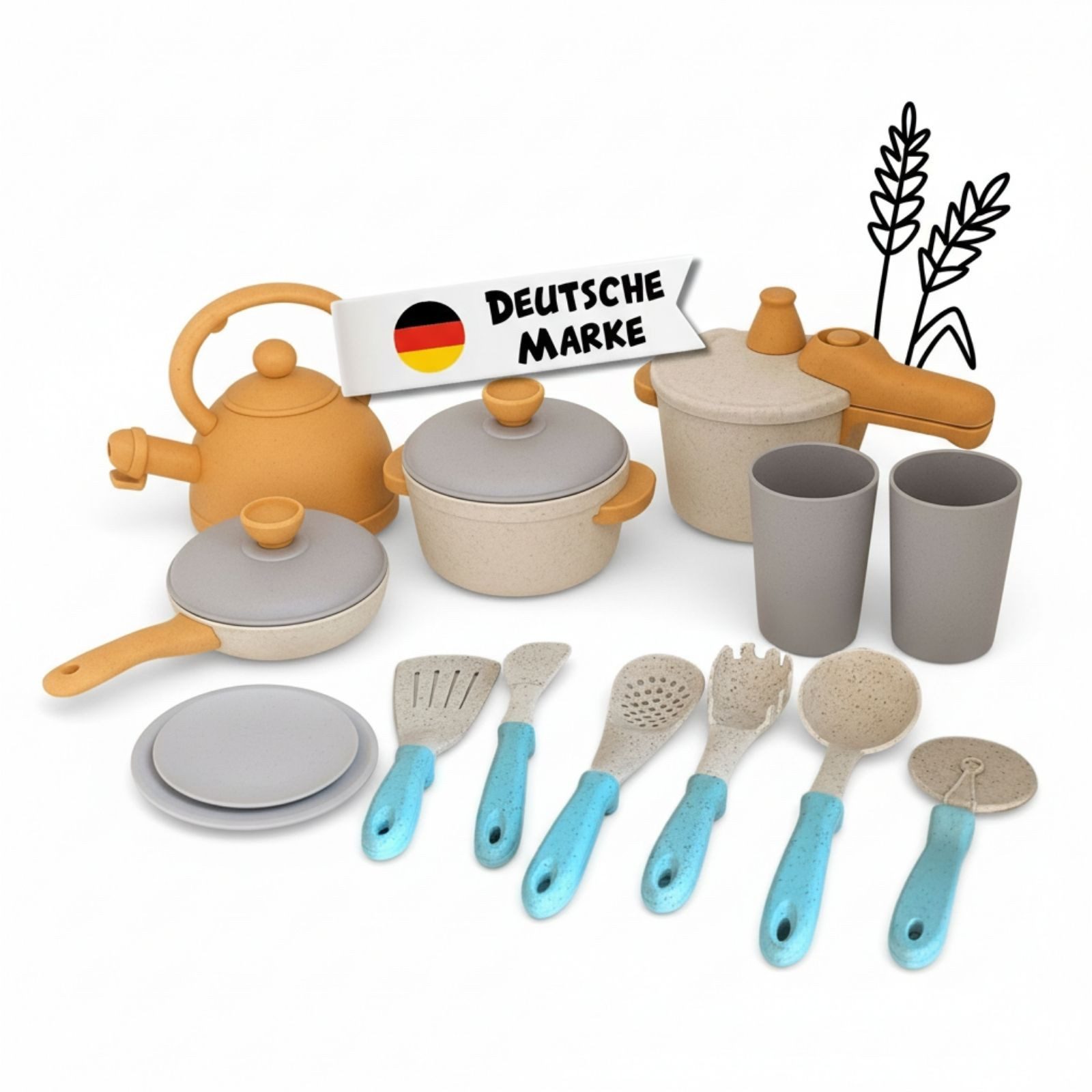 alldoro Spiel-Kochgeschirr Kinderküchen-Zubehör, Koch- und Geschirrset, 14-teilig für Kinder ab 3, Küchenspielzeug-Set mit Töpfen, Pfanne, Geschirr und Küchenhelfern