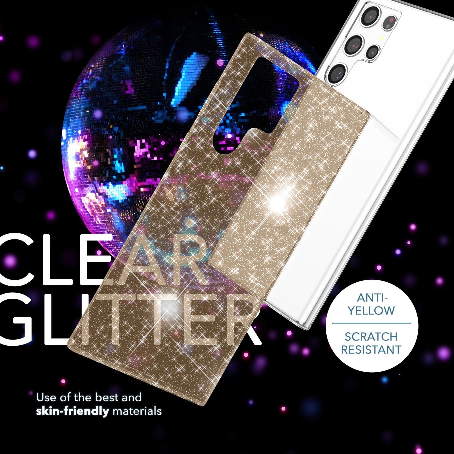Nalia Smartphone-Hülle Samsung Galaxy S23 Ultra 17,3 cm (6,8 Zoll), Klare Glitzer Silikon Hülle / 2x Displayschutz / Glitter Bling Cover