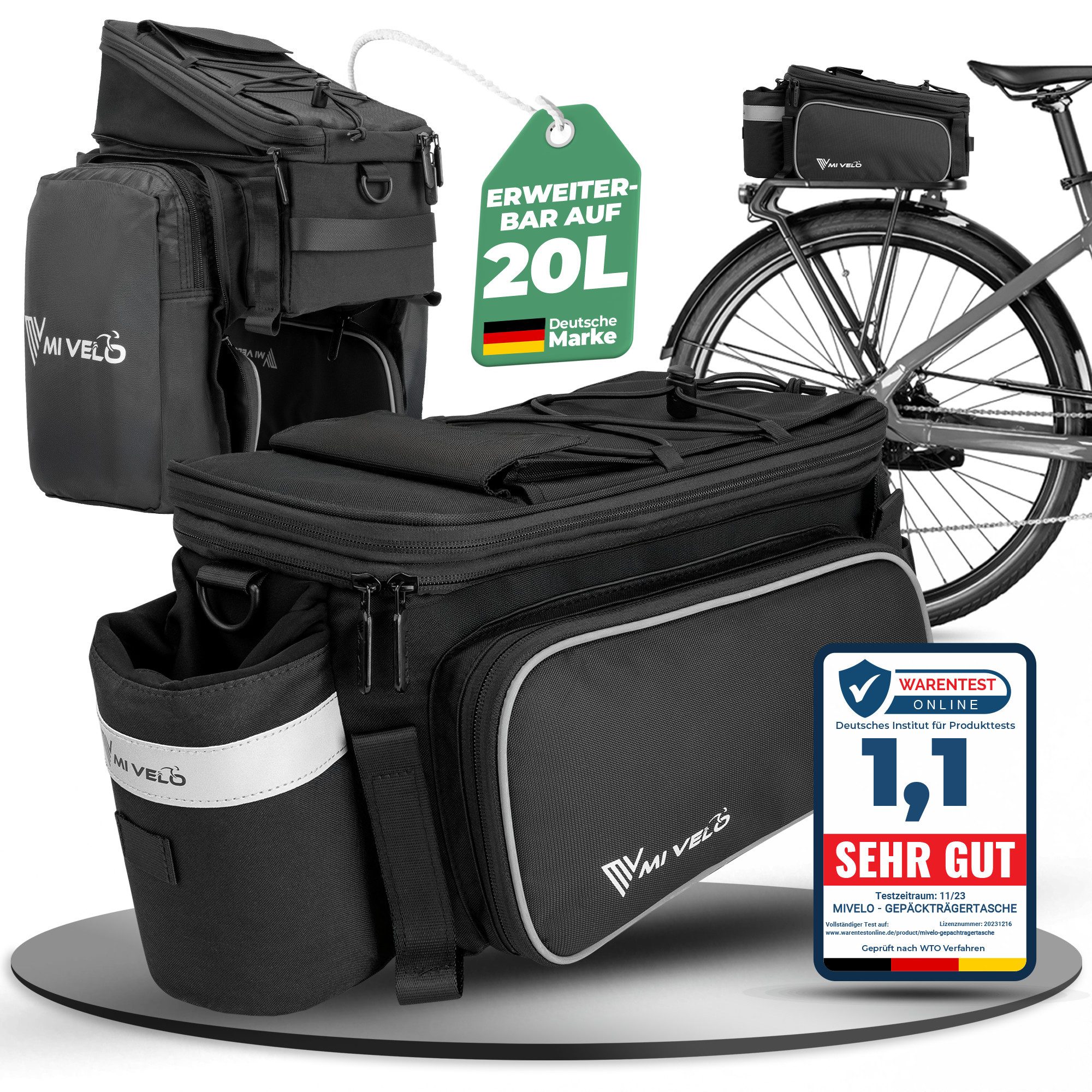 Fahrradtasche Gepäckträgertasche für Fahrrad Gepäckträger erweiterbar bis 20L