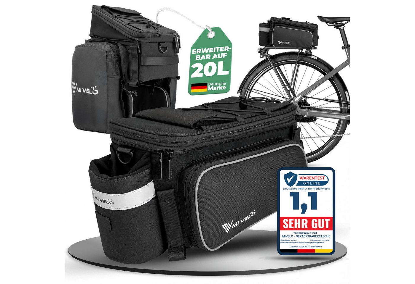 MIVELO Fahrradtasche Gepäckträgertasche für Fahrrad Gepäckträger erweiterbar bis 20L, wasserabweisend