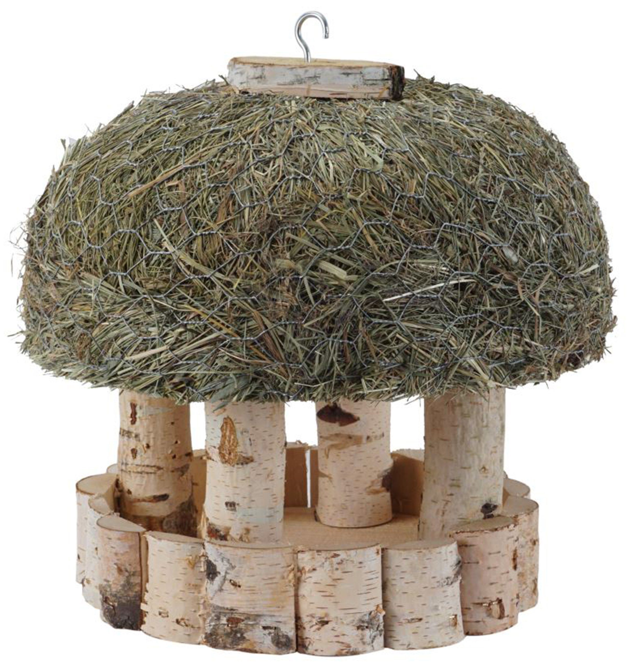 Dehner Futterhaus Vogelhaus mit Heudach, Birkenholz/Heu, ca. Ø 29 cm, Schutz und Futterstelle für Vögel im Garten, natürliches Material