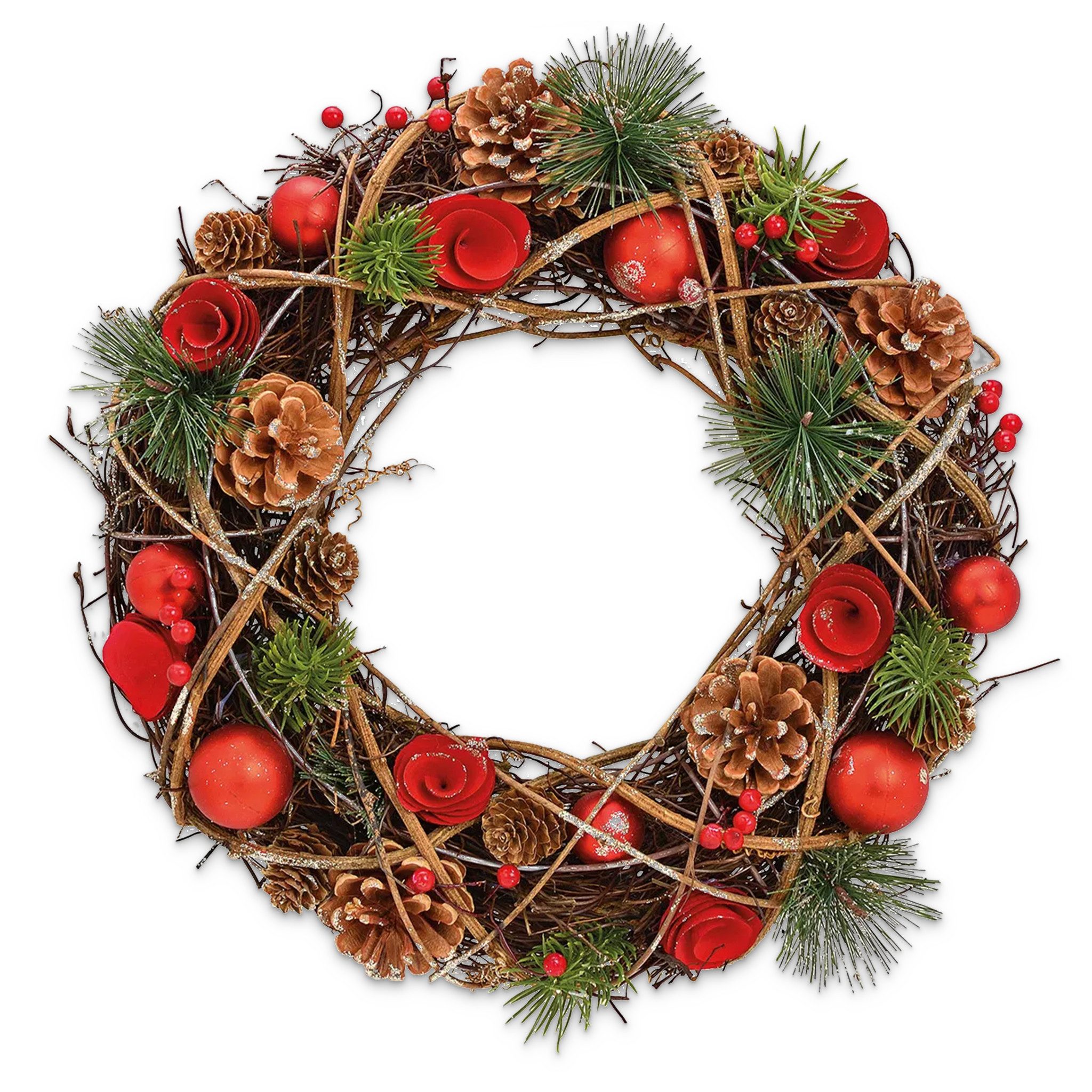 matches21 HOME & HOBBY Adventskranz Türkranz 35 cm aus Holz, rot dekoriert als Weihnachtsdeko, Dekokranz zum Aufhängen als Haustür Adventskranz Fensterdeko