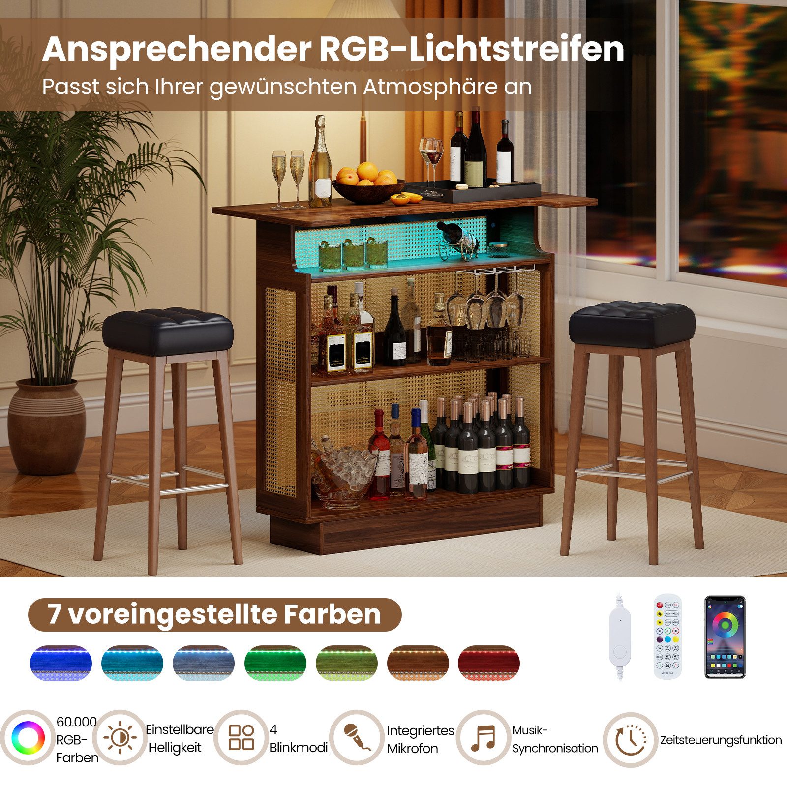COSTWAY Bartisch, LED Hausbar Weinschrank Rattan mit 3-reihigen Glashaltern