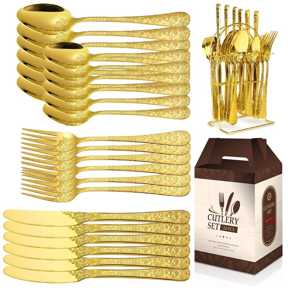 KingLux Besteck-Set 24teilig Gold Set Löffel Messer Spülmaschinenfest mit Gabel Essbesteck