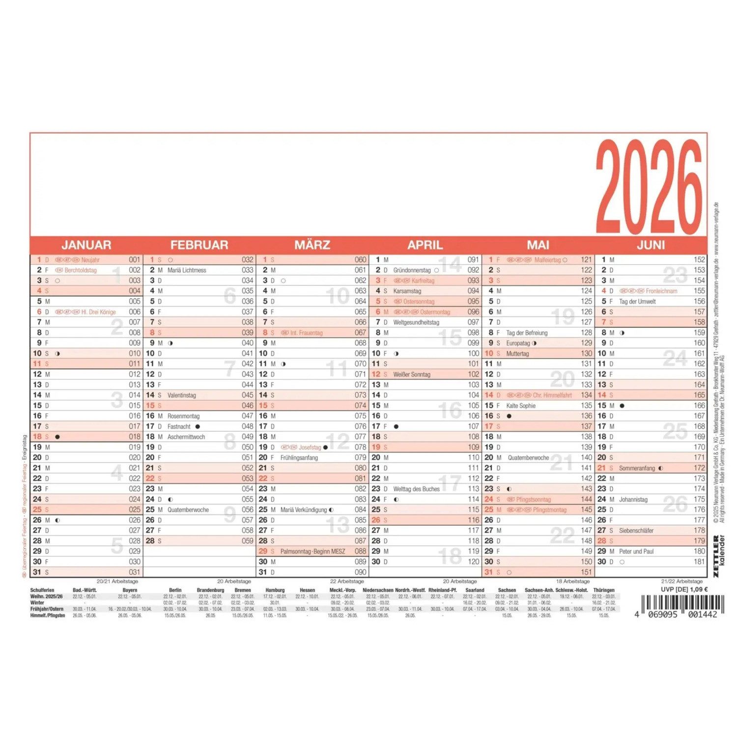 ZETTLER Wandkalender Zettler Arbeitstagekalender A5 2026 - Bürokalender 21 × 15 cm, 6...