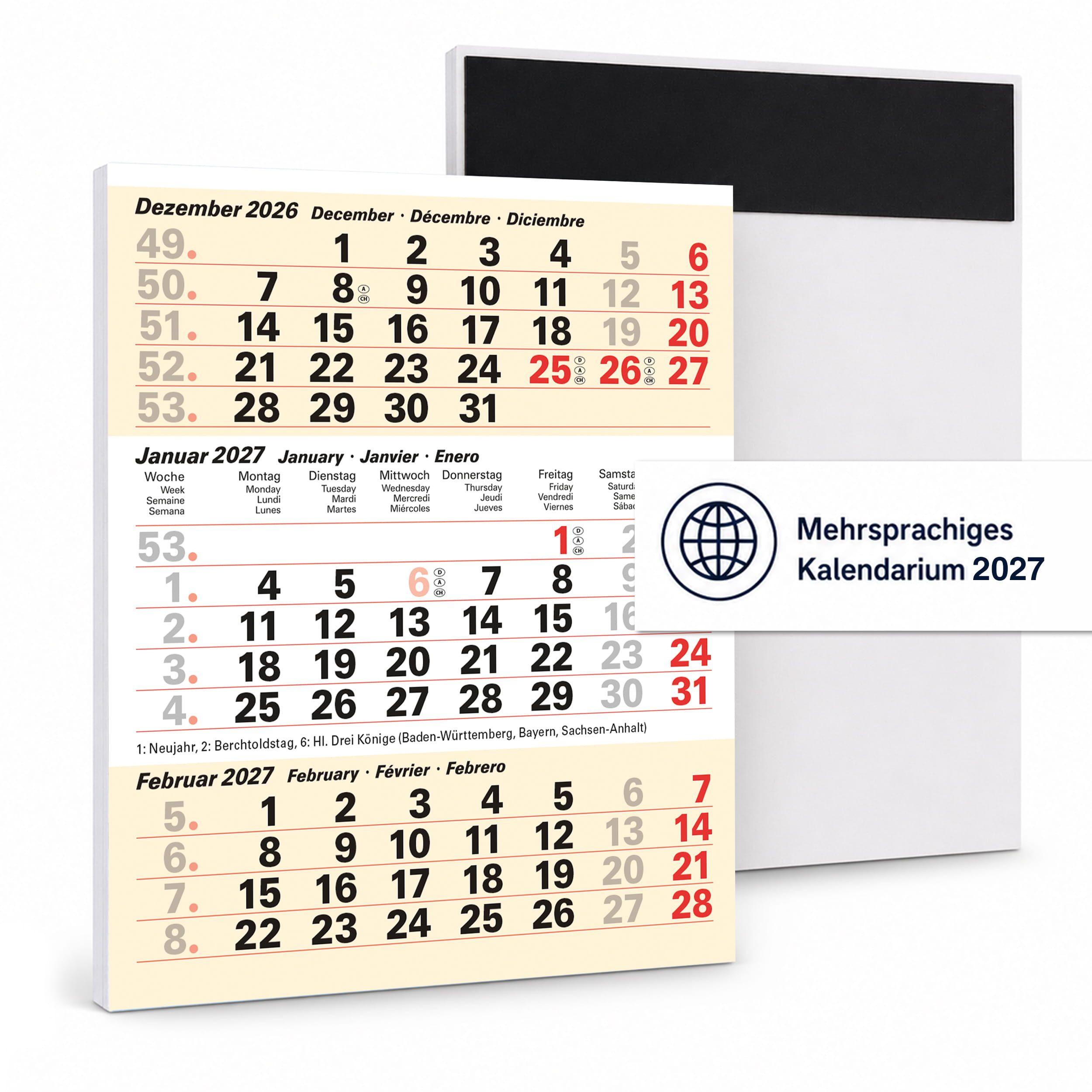 TOBJA Tischkalender Ersatz-Kalendarium 2027 magnetisch für Tischkalender (Sand), Ersatzblock, ohne Aufsteller, 3 Monate, magnetisch, Feiertage