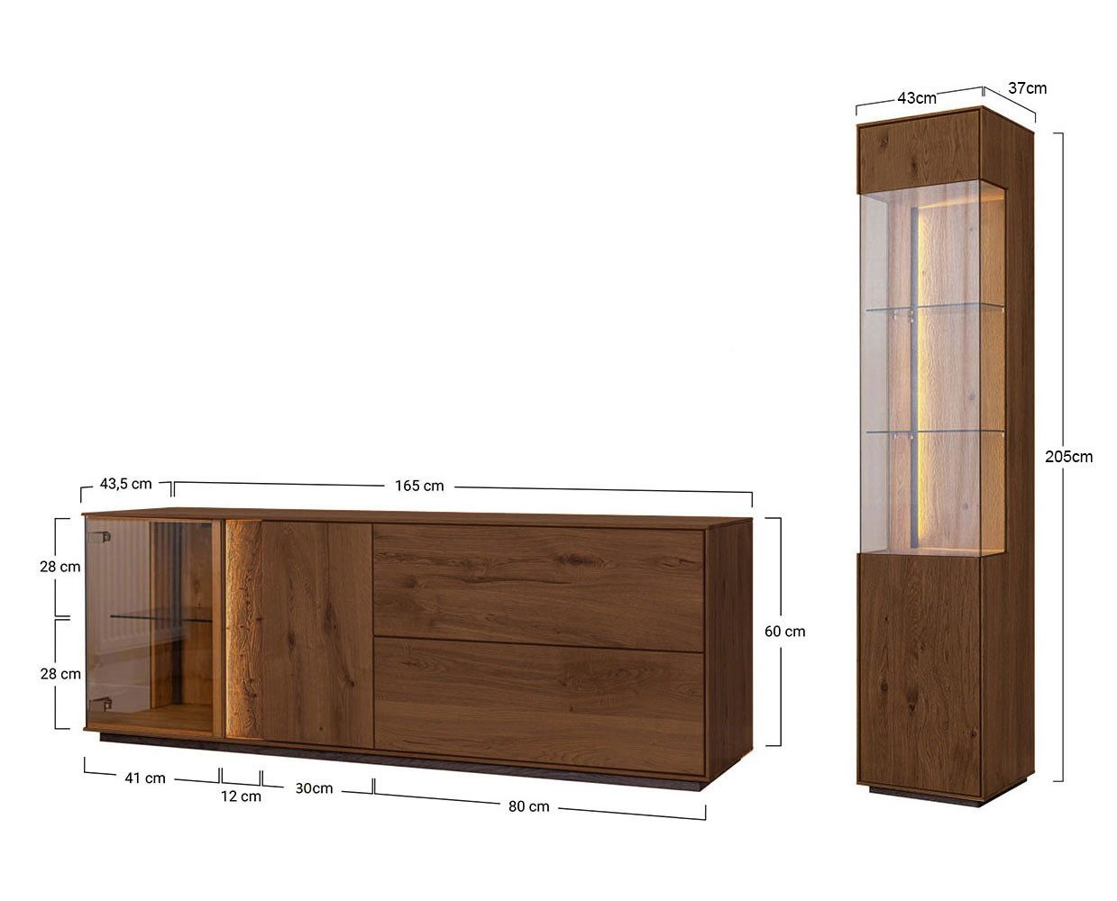 Feldmann-Wohnen Wohnwand Collodi, (mit Türen, mit Einlegeböden, mit Klapptüren, 2-St., Massivholz, geölte Oberfläche), 2-teilig Wildeiche Tabak mit Beleuchtung