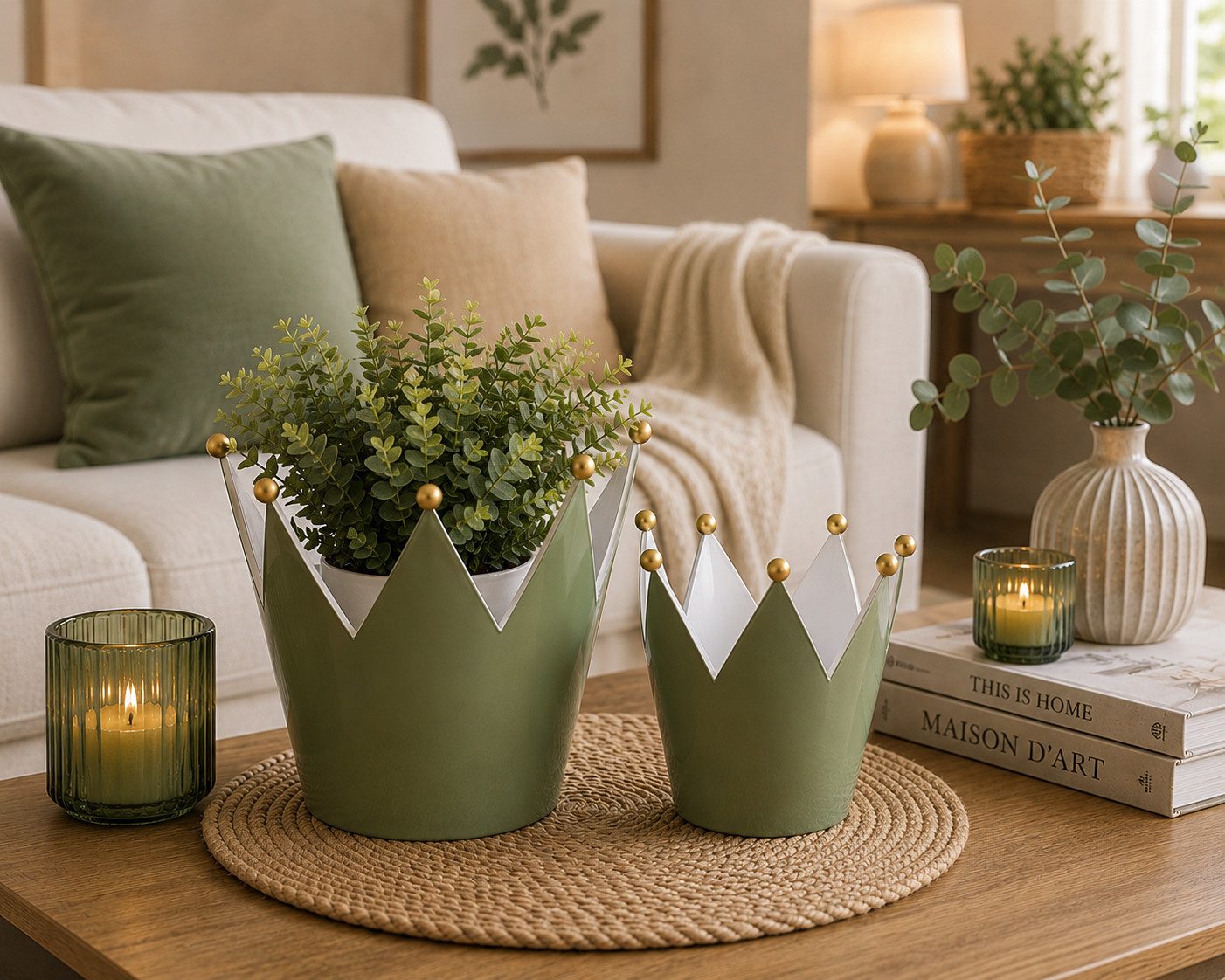 finehomegarden Übertopf Metall-Krone 2er Set Grün/Gold 11,5 & 14,5 cm Dekorative Deko-Kronen (Set, 2 St., 2er-Set), Vintage-Look für Tisch, Regal und Wohnaccessoires