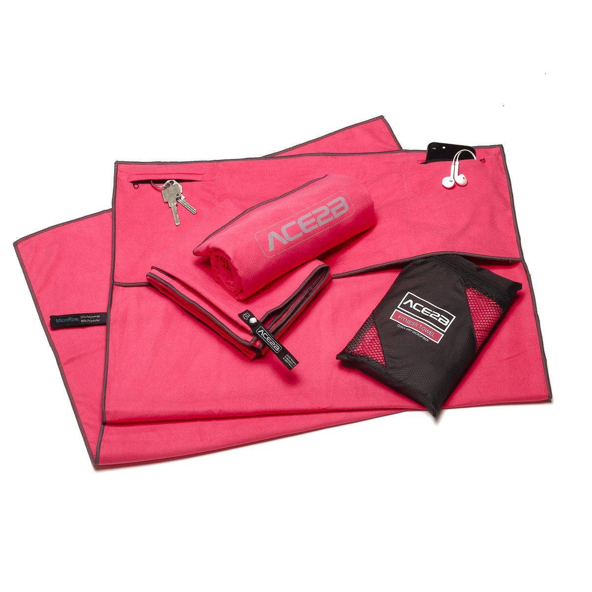 ACE2B Sporthandtuch ace2b Handtuch Mikrofaser Reißverschluss Taschen + Rutschfester