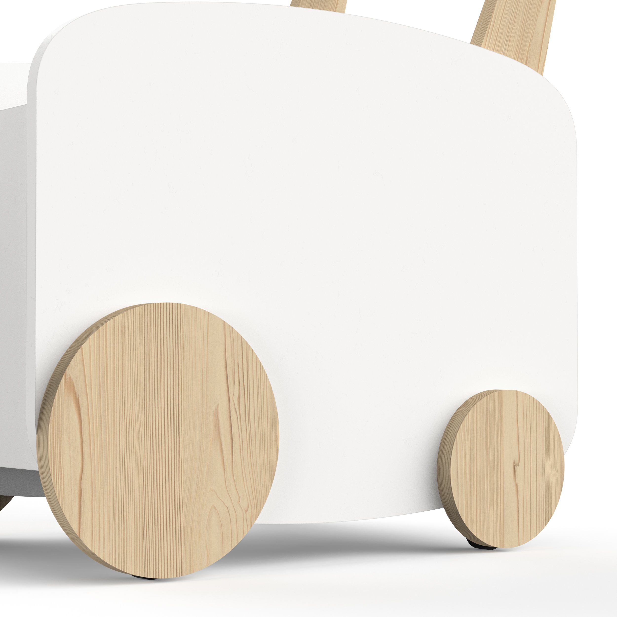Spielzeugbox Spielwagen MDF Holz Spielauto Spielzeugtruhe der inklusive weiß/natur 55x53x35 Rädern 7kg, habeig Spielzeugtruhe cm 4 zum Bewegen