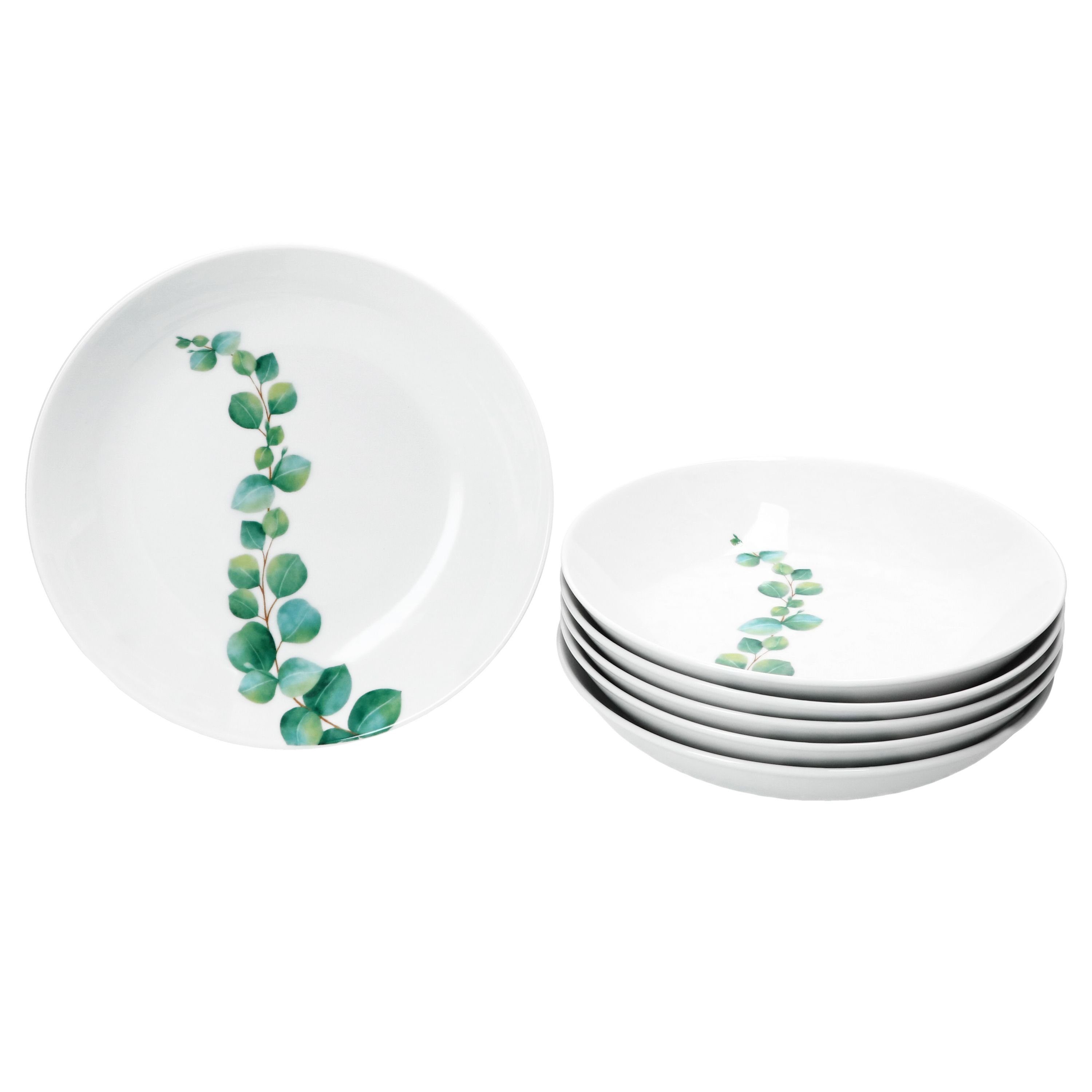 Suppenteller 6x Eukalyptus Suppenteller weiß 350ml Porzellan 6 Pers. tiefe Teller