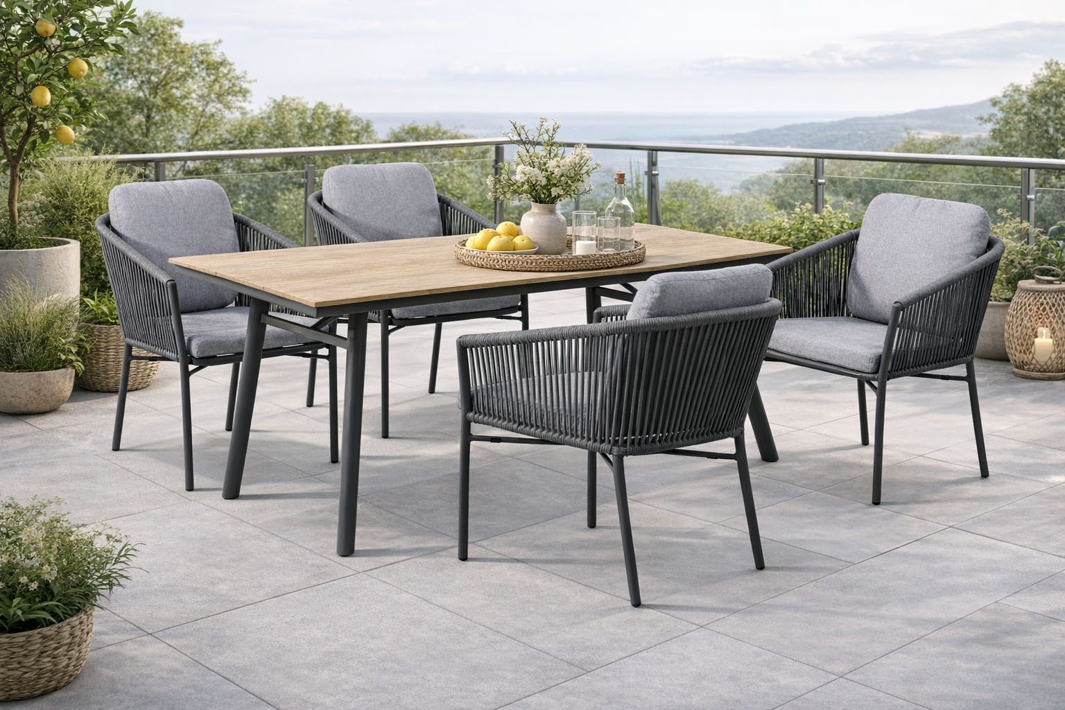 Destiny Garten-Essgruppe LUCCA SAN MARINO 4 Se + Tisch RE 180x90cm holzf./ taupe, (Set, 4 Stapelsessel inkl. Polster, 1 Tisch), Aluminium, Rope, Polywood