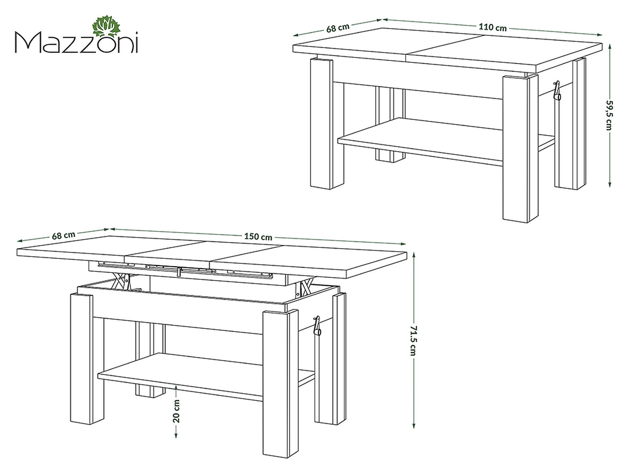 Mazzoni Couchtisch Astoria ausziehbar 59,5 / 150 / Weiß Beton 110 71,5 matt - - Weiß höhenverstellbar Beton