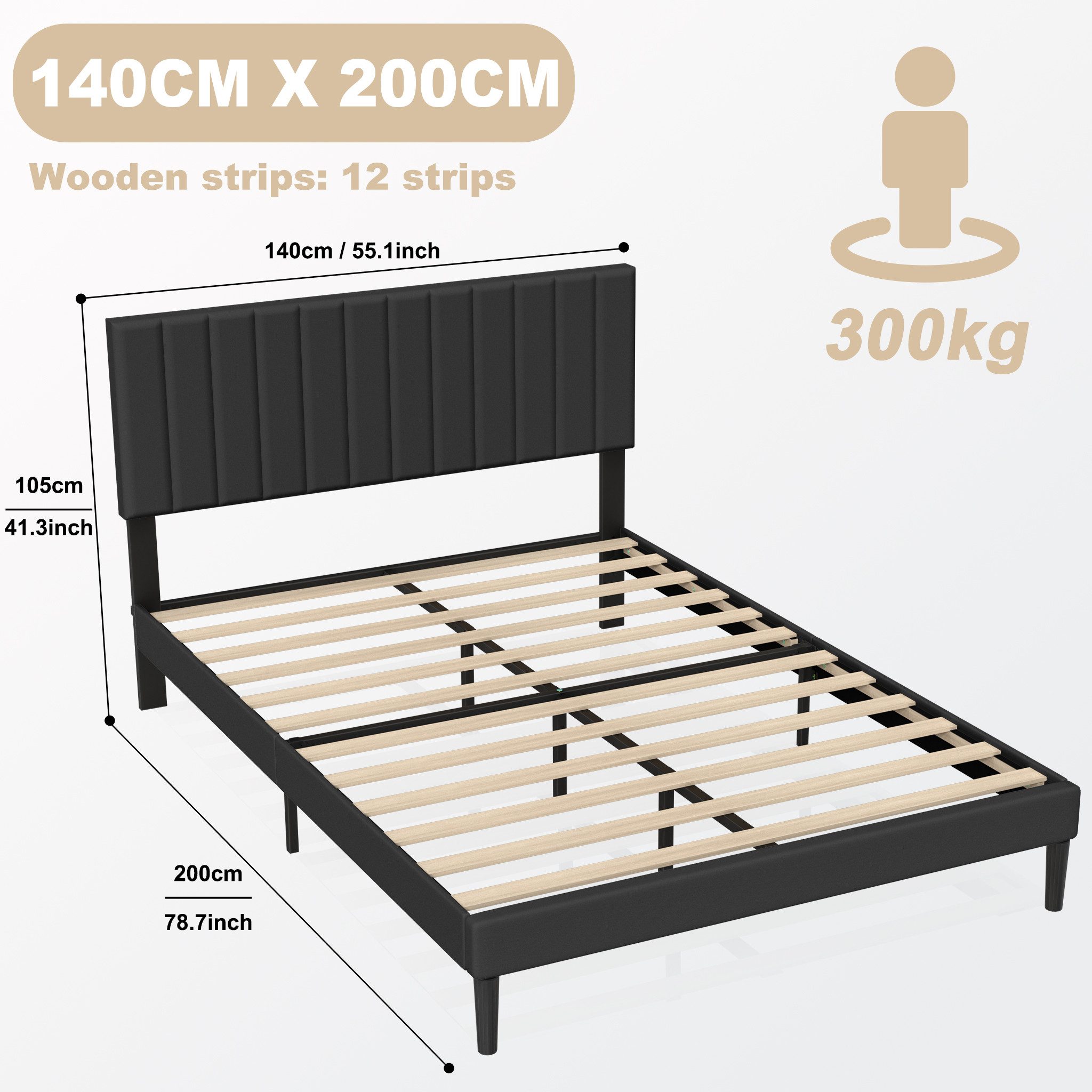 FIVMEN Bettgestell Bett Metall mit Kopfteil und Lattenrost Plattform Gepolstertem, Gepolstertem Bettrahmen mit Lattenrost für Einzelbett/Doppelbett