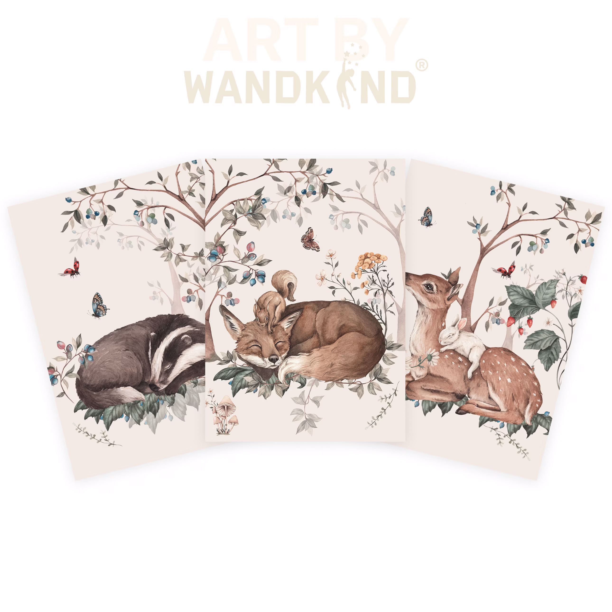 WANDKIND Poster Schlafende Waldtiere 3er Poster Set P805, Kinder Poster