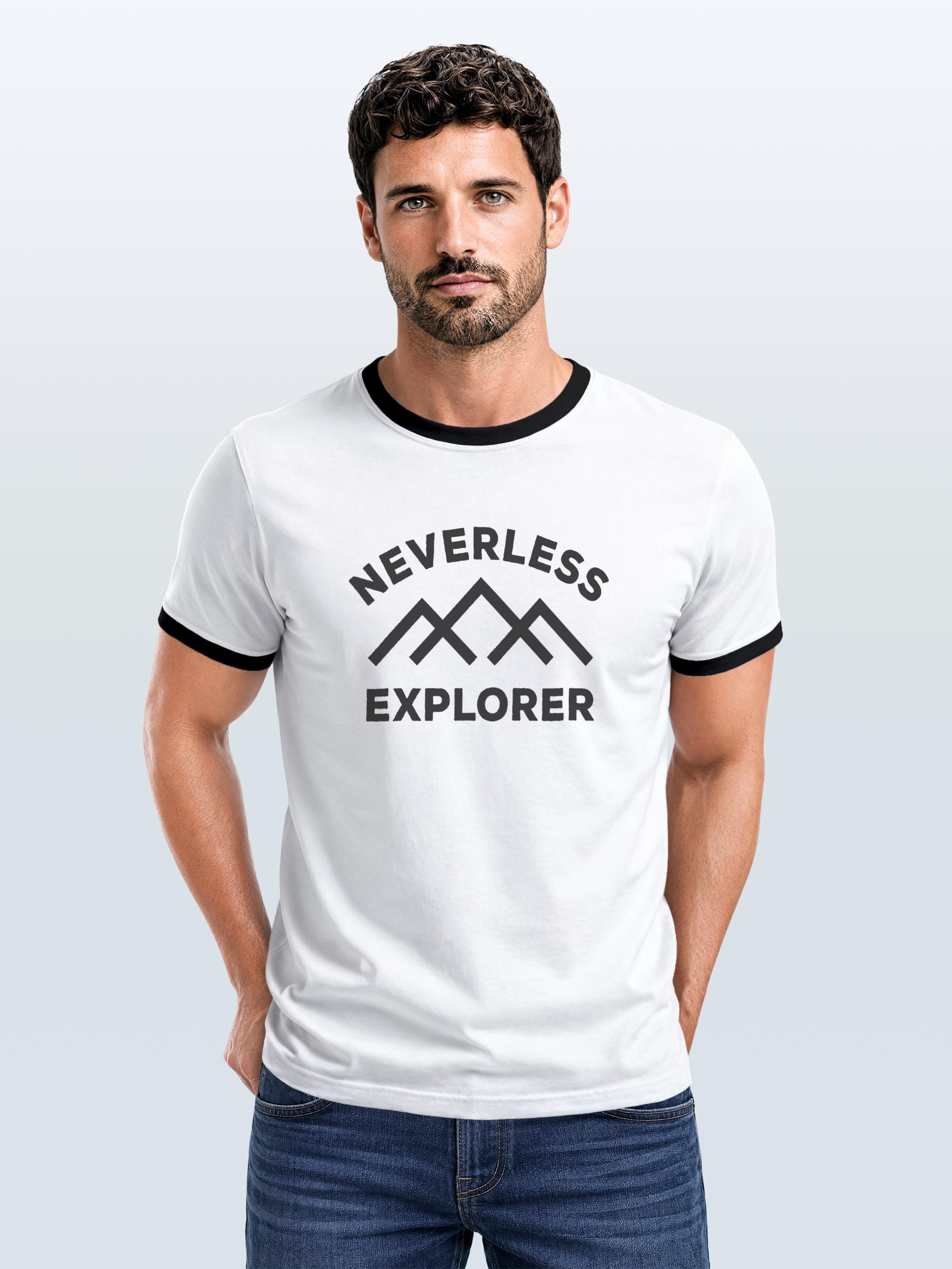 Neverless Print-Shirt Herren T-Shirt Retro Kontrastbund - Design NVLS Explorer - Printshirt mit Print