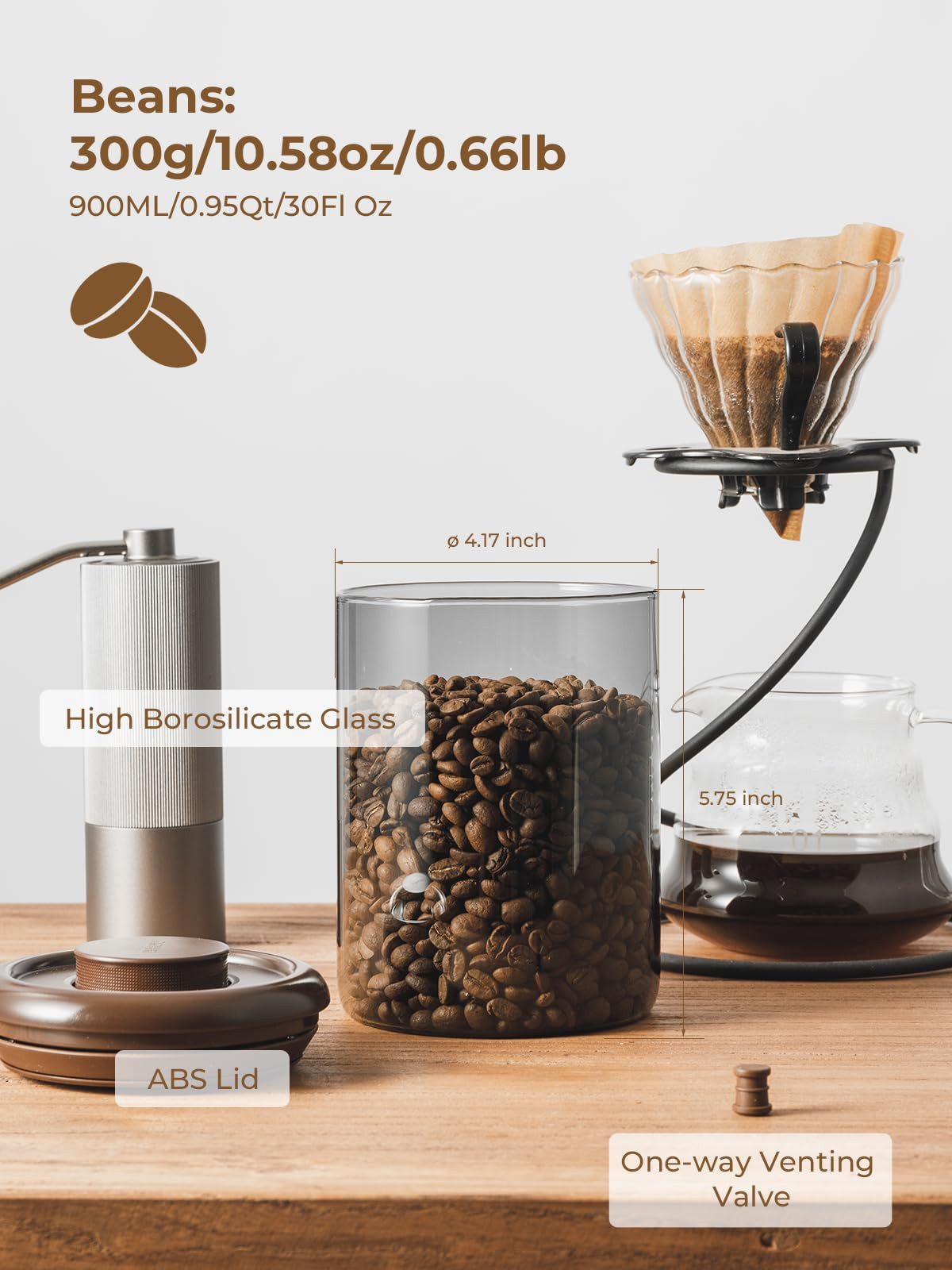 SURFOU Kaffeedose Kaffeedose Glas 900ml Luftdicht mit Ventil für Kaffeebohnen Braun, Glas, (1200 ml Fassungsvermögen, Vorratsdosen mit Deckel Luftdicht, Vorrats – Bild 5 von 5