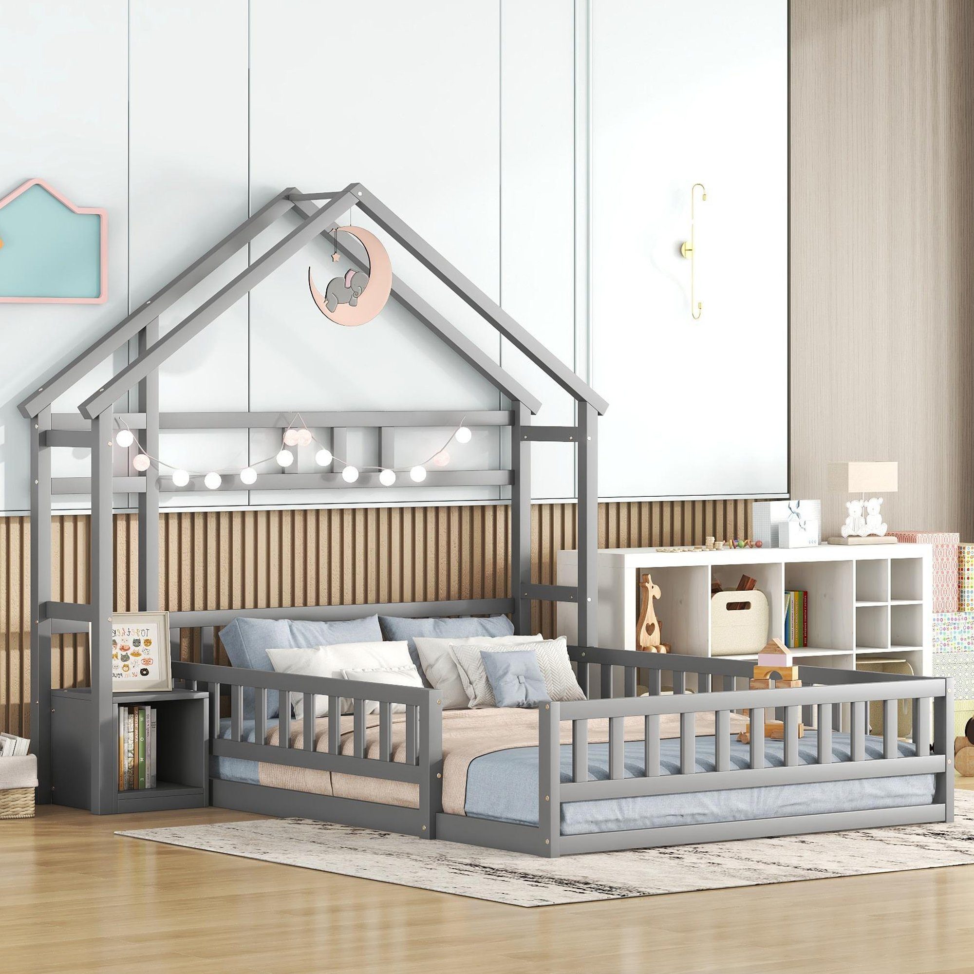 Holzbett, und Kinderbett Hausbett Rausfallschutz, Grau 140x200 Merax Nachttisch mit cm,
