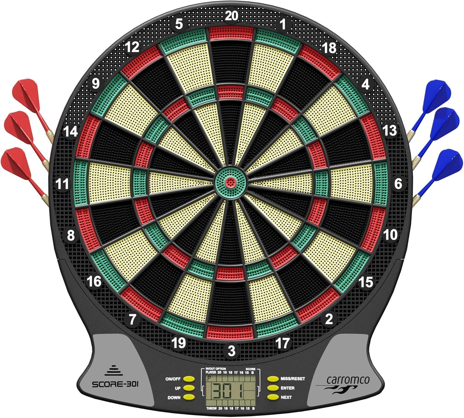 Carromco Dartscheibe SCORE-301 elektronische Dartscheibe - 4-Loch Abstand, Dart, 26 Spiele & 523 Varianten