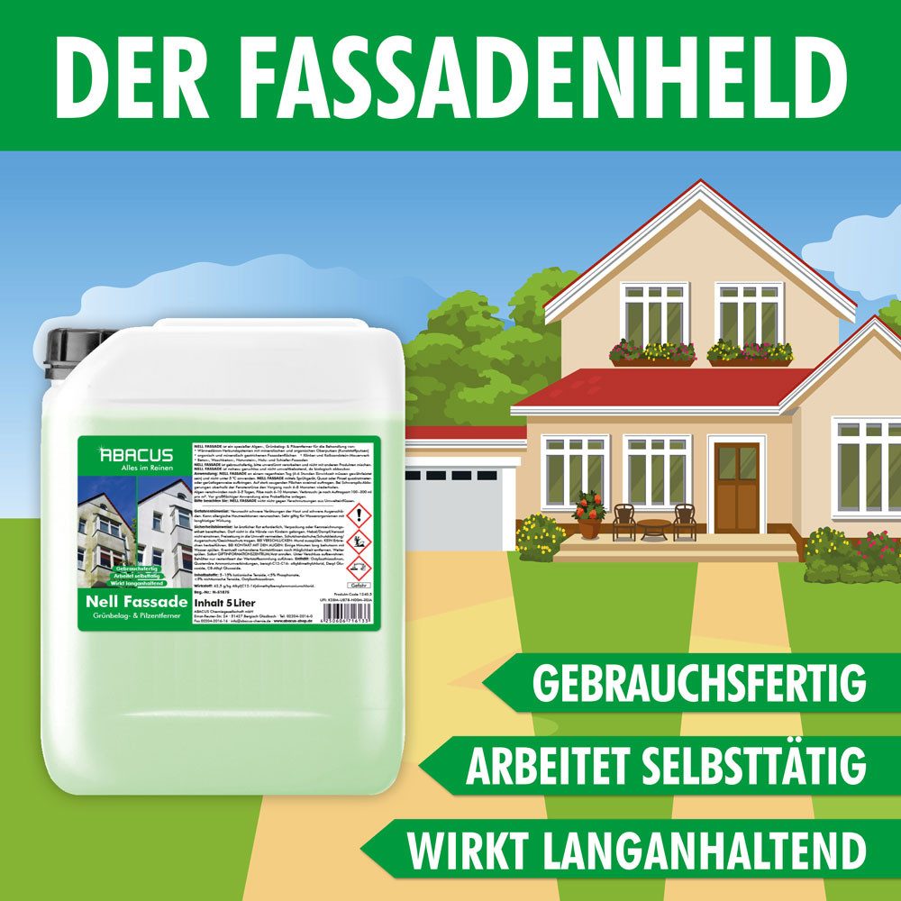 ABACUS Nell Fassade Grünbelagentferner, Algenentferner, Flechtenentferner Grünbelagentferner (Langzeit Wirkung, [2-St. Geeignet für Fassaden Selbsttätig mit Langzeitschutz)