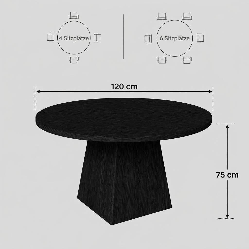 GarveeMore Esstisch Runder Küchentisch 120cm Beistelltisch Wohnzimmertisch Säulen-Esstisch (1-St), dicke Tischplatte und quadratischer Fuß, Bietet Platz für 4–6 Personen