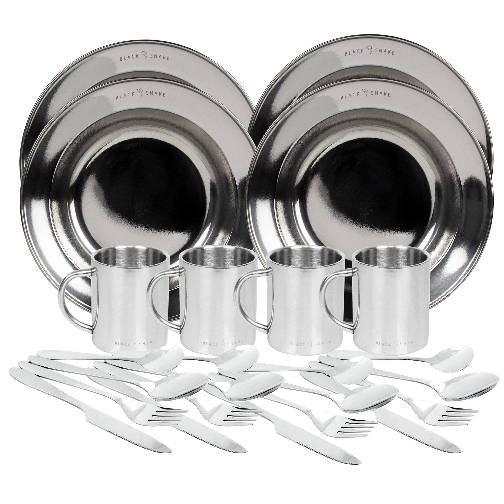 Black Snake Geschirr-Set Camping Geschirr Set Edelstahl mit tiefem Teller (12-tlg), 4 Personen, Edelstahl, Tiefer Edelstahlteller mit Thermotasse und Besteck
