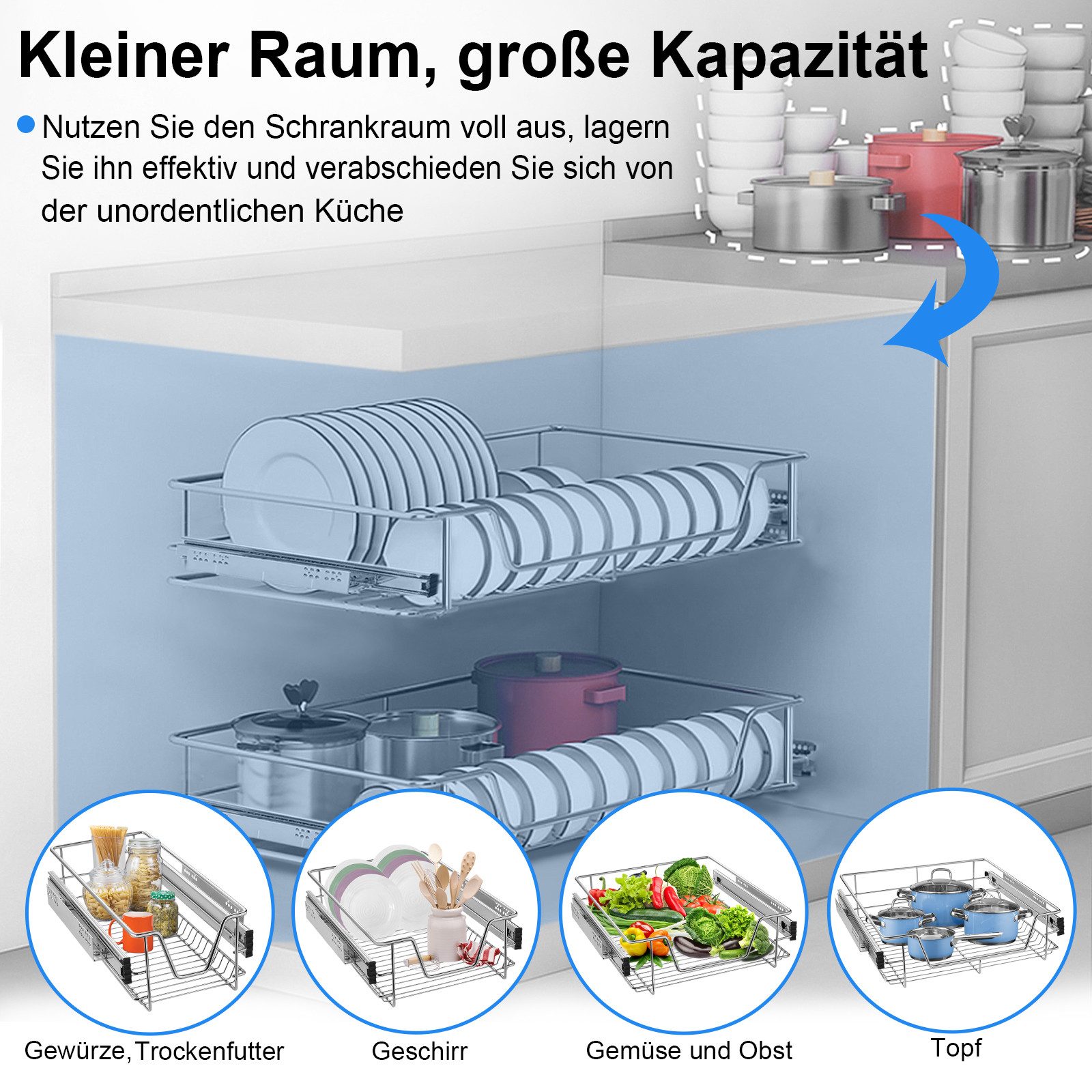 FIVMEN Schublade Schubkasteneinsatz Küchenschrank Teleskopschublade Korbauszug Regal (2 St., 20kg Belastbar), Schrankauszug Ausziehbare Ablage Küchenschubladen  – Bild 5 von 5