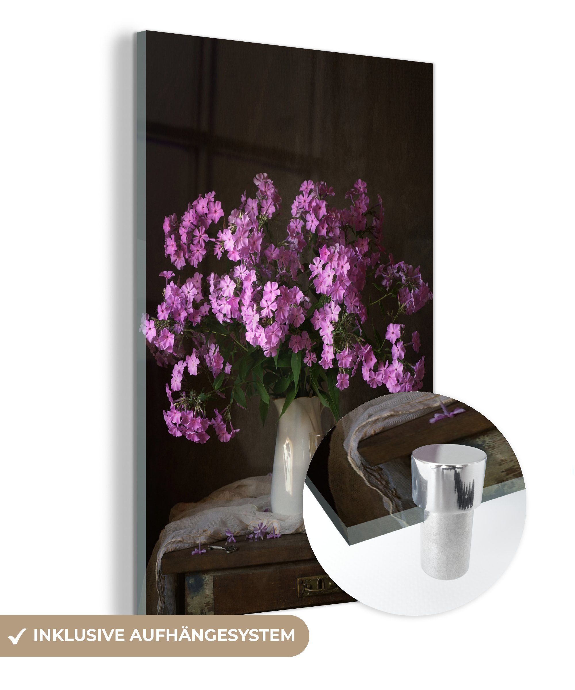 MuchoWow Acrylglasbild Krug - Foto - Blumen auf St), Glas Glas Wandbild auf Glasbilder - Bilder - Rosa, (1 Wanddekoration 