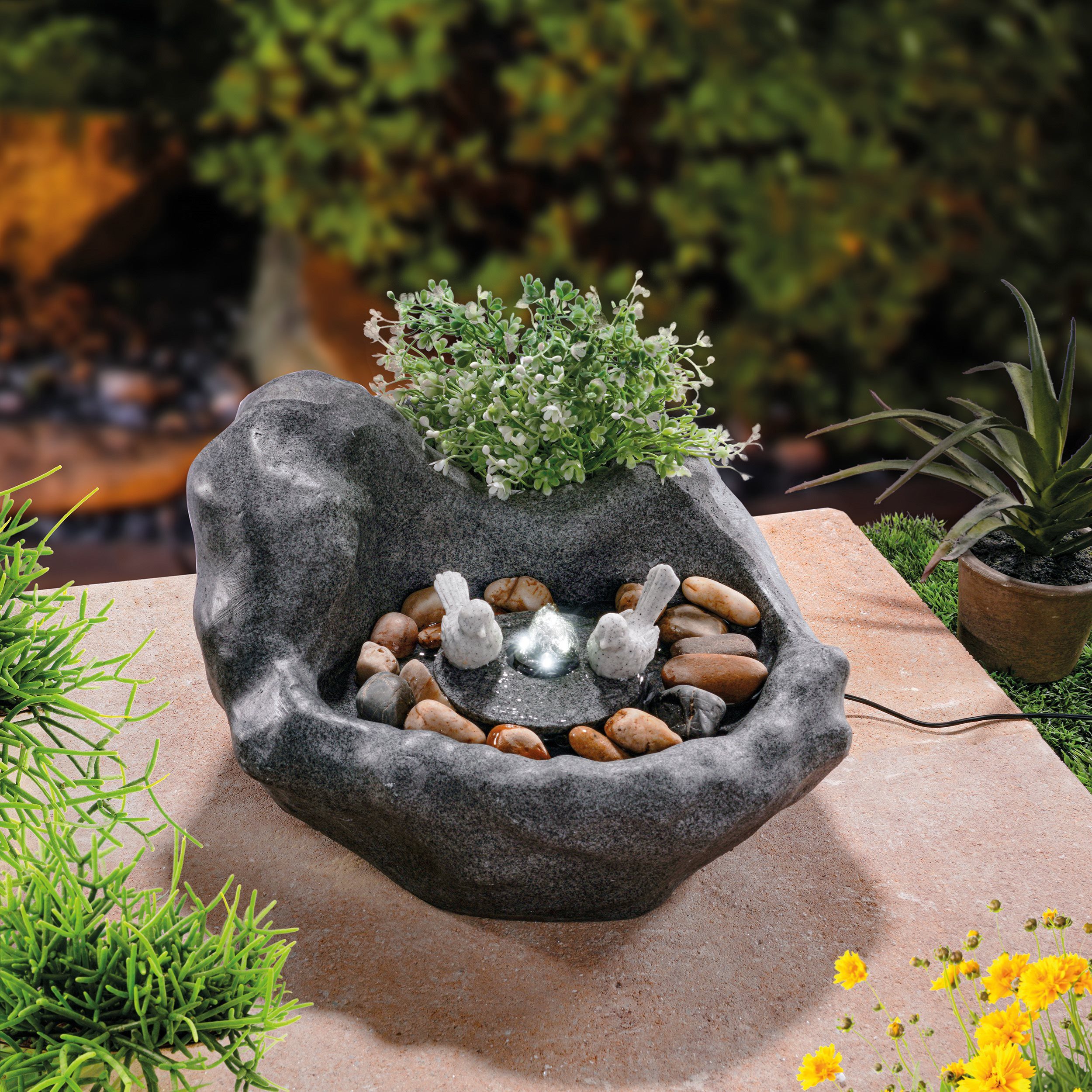 esotec Gartenbrunnen Solar Vogelbadbrunnen dunkel LED+Akku, 2 Lichtfarben 42x32x17cm 101320, (Komplettset)