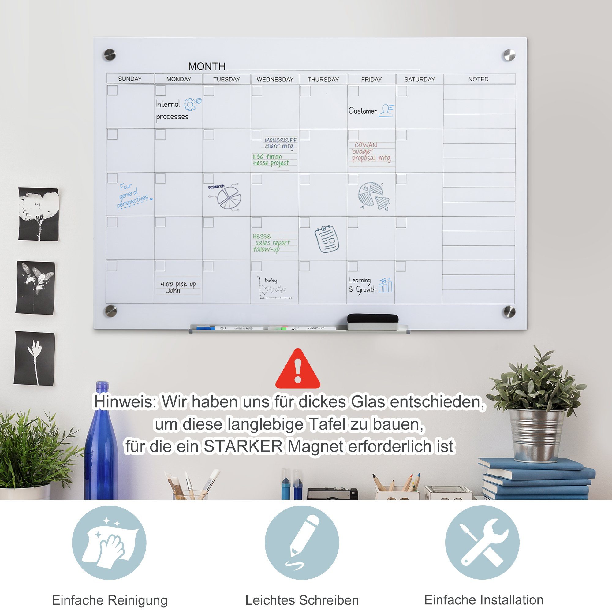 Memoboard Glasplatte mit Kalendertafel), 1-tlg., Weiß (Set, Kalendertafel, 4 Zeitplan Planungstafel Glasclip Vinsetto