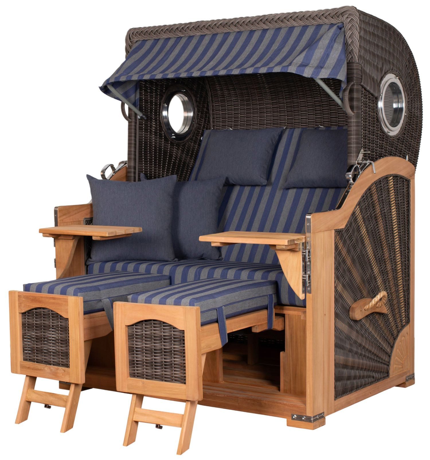 deVries PURE® Strandkorb Seemöwe XL - PE stone grey - Dessin 249, BxTxH: 140x95x160 cm, Halblieger, Ostsee-Strandkorb, Teakholz - Bullaugen - Kissenausstattung und Schutzhülle