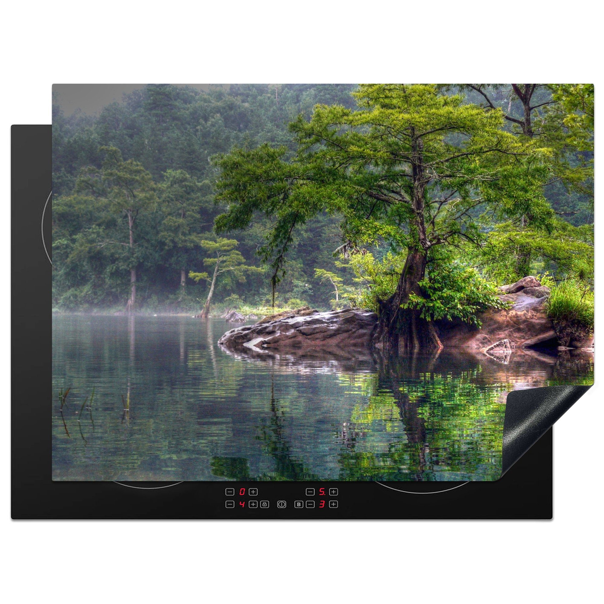MuchoWow Herdblende-/Abdeckplatte Wald an einem See, Vinyl, (1 tlg), 70x52 cm, Mobile Arbeitsfläche nutzbar, Ceranfeldabdeckung