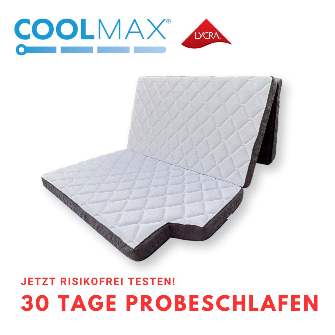 Klappmatratze für VW T5 T6 T6.1 California, MatratzenL.A.B®, 10 cm hoch, (Kaltschaum, Härtegrad H3 fest), 10x115x195 cm COOLMAX® LYCRA® Alcantara Polsterstoff