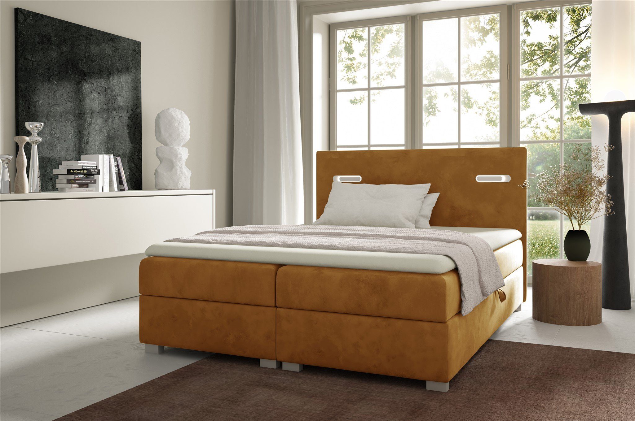 Fun Möbel Boxbett Schlafzimmerbett CAPRICE in Stoff (inkl. 2 x Bettkasten und Topper, Ambiente-Beleuchtung mit Touch Funktion), Gepolstertes Kopfteil