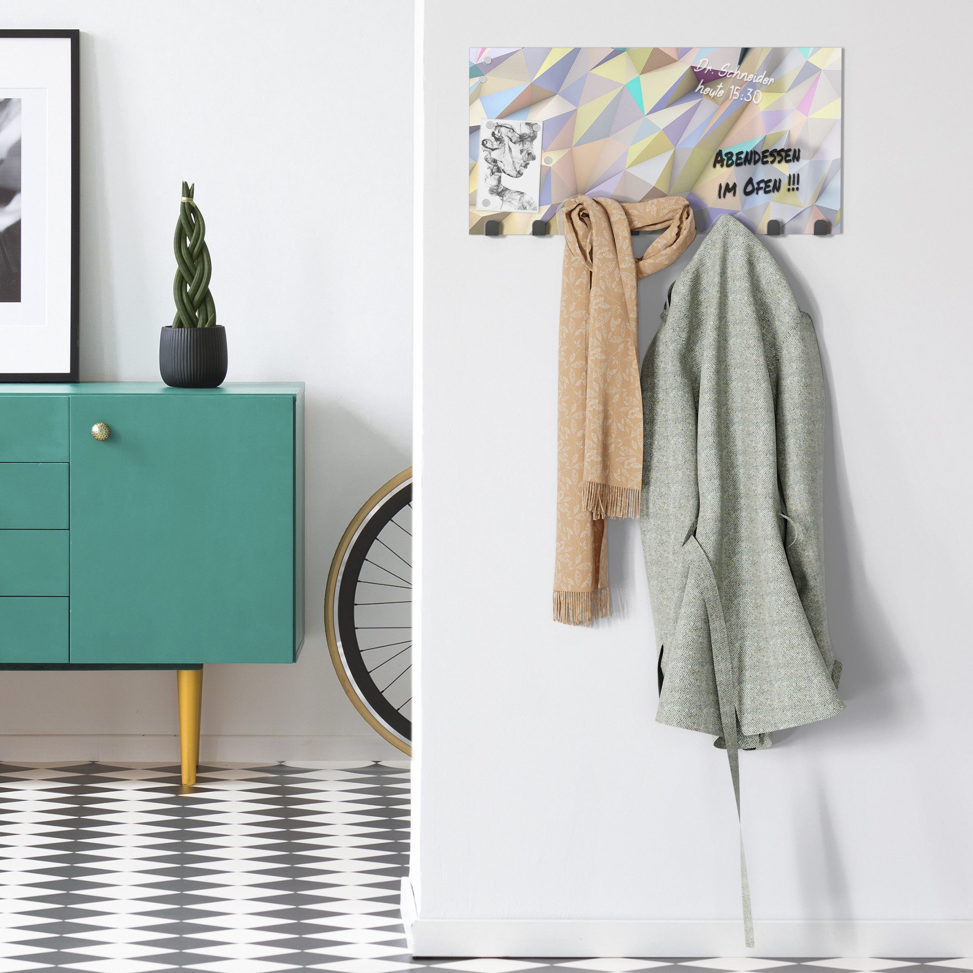 DEQORI Kleiderhaken 'Pastell Geometrie', Glas Garderobe Paneel magnetisch beschreibbar