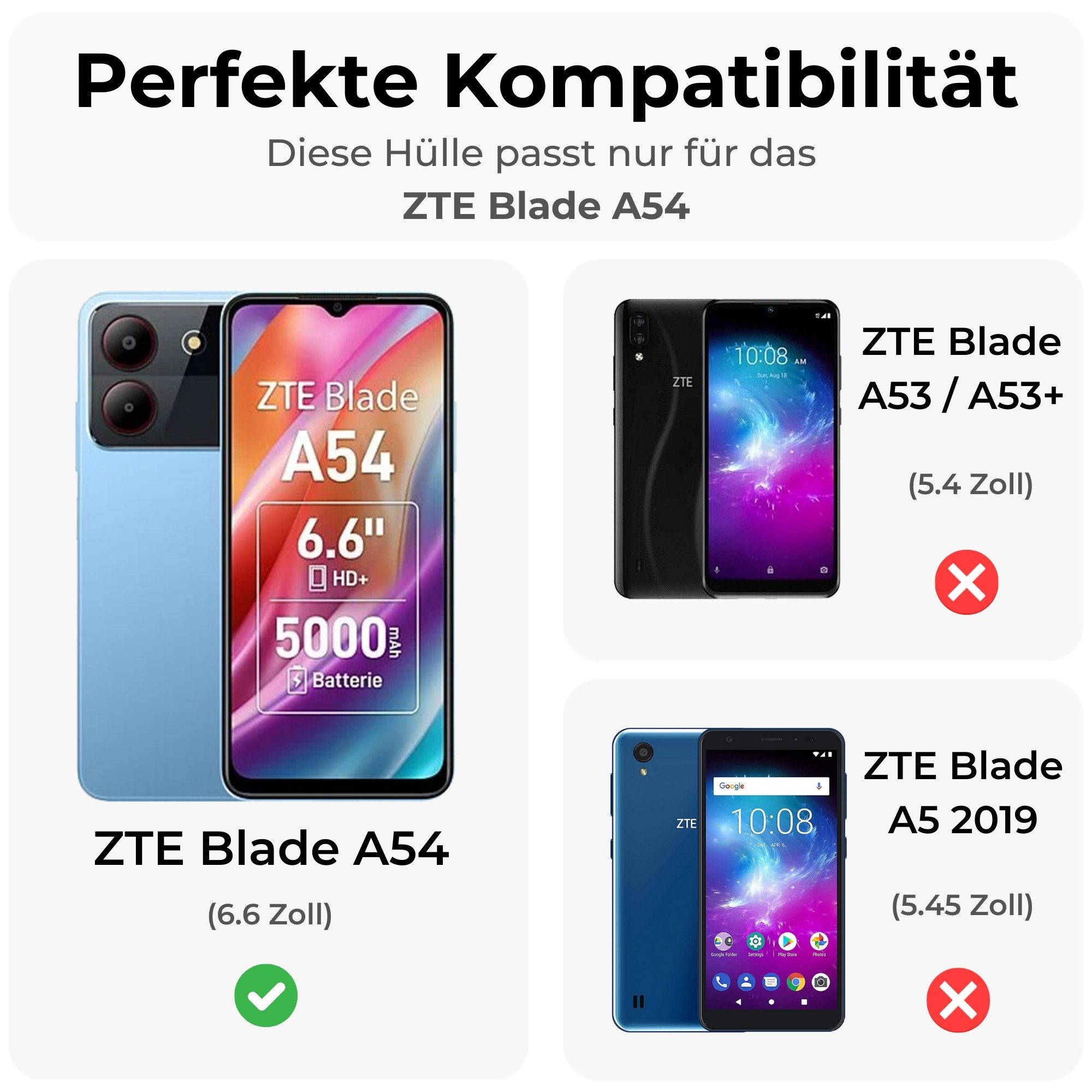 betterfon Handyhülle Handytasche für ZTE Blade A54 Klapphülle Flip Case, Bookstyle-Hülle: Magnetverschluss 3 Kartenfächer & Standfunktion