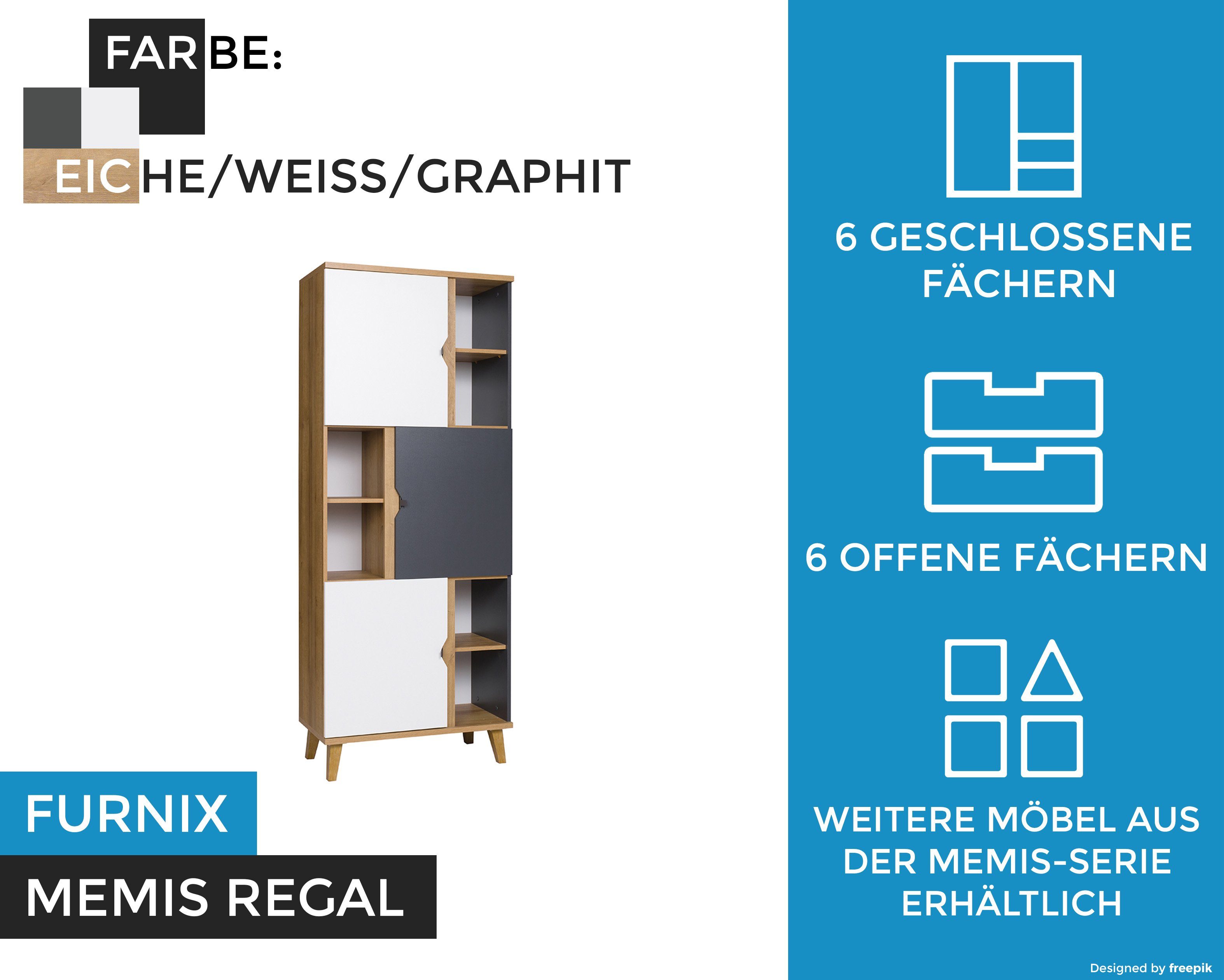 offenen cm H200 Regalen Standregal und MEMIS Furnix Eiche/Weiß+Graphit, R3D Regal T40 mit B80 x x Türen