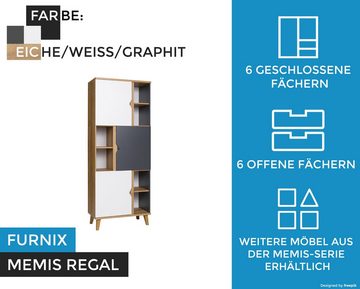 Furnix Regal MEMIS R3D Standregal mit offenen Regalen und Türen Eiche/Weiß+Graphit, B80 x H200 x T40 cm