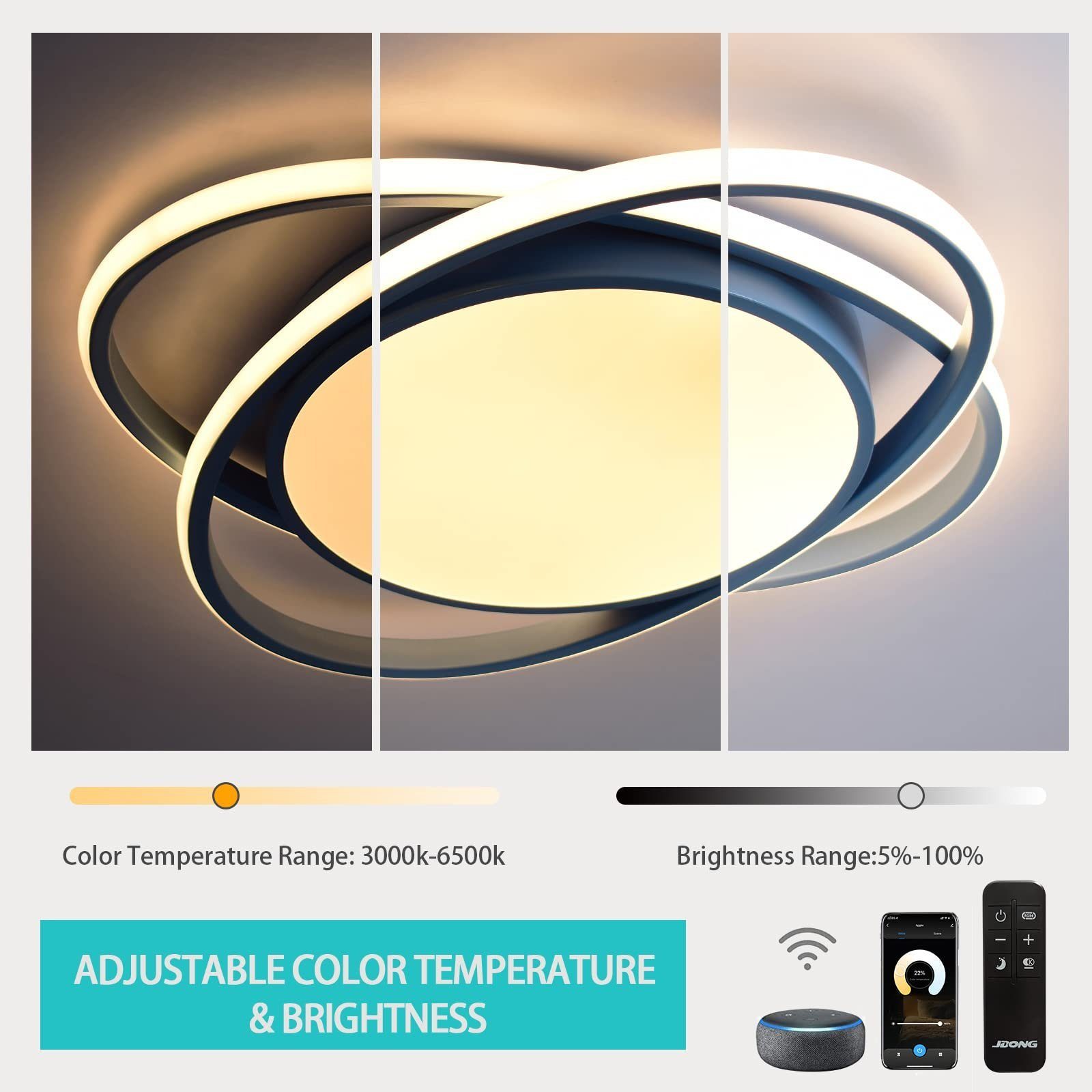 Farbtemperatur Alexa Einstellbar Deckenleuchte mit JDONG fest Kaltweiß, Google Mit Neutralweiß, LED Tageslichtweiß, Warmweiß, LED & Kompatibel Home, integriert, Fernbedienung